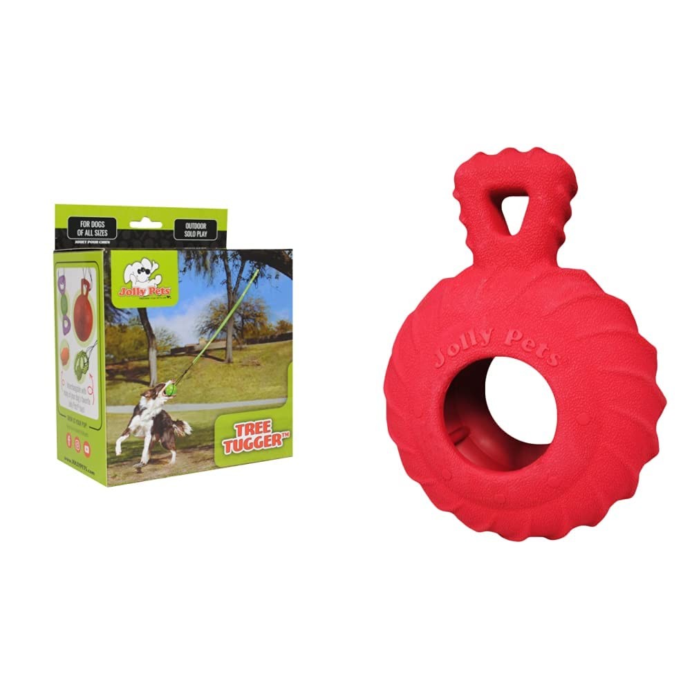 Green Jolly Pets Tree Tugger dog toy with knotted rope and handle, designed for tug-of-war and outdoor play.
