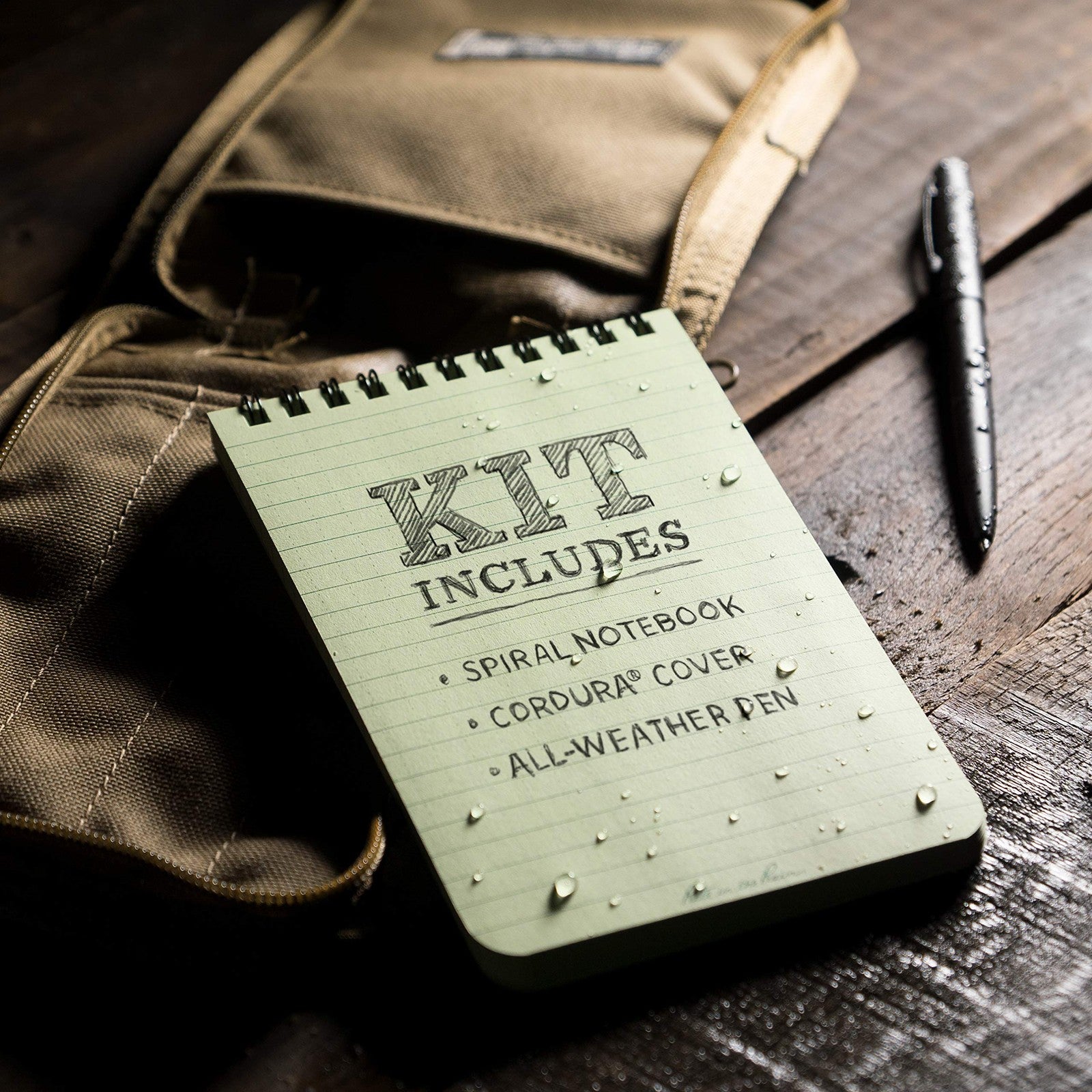 Rite in the Rain weatherproof spiral notebook kit with tan CORDURA cover and 4x6 green pages, durable outdoor writing journal
