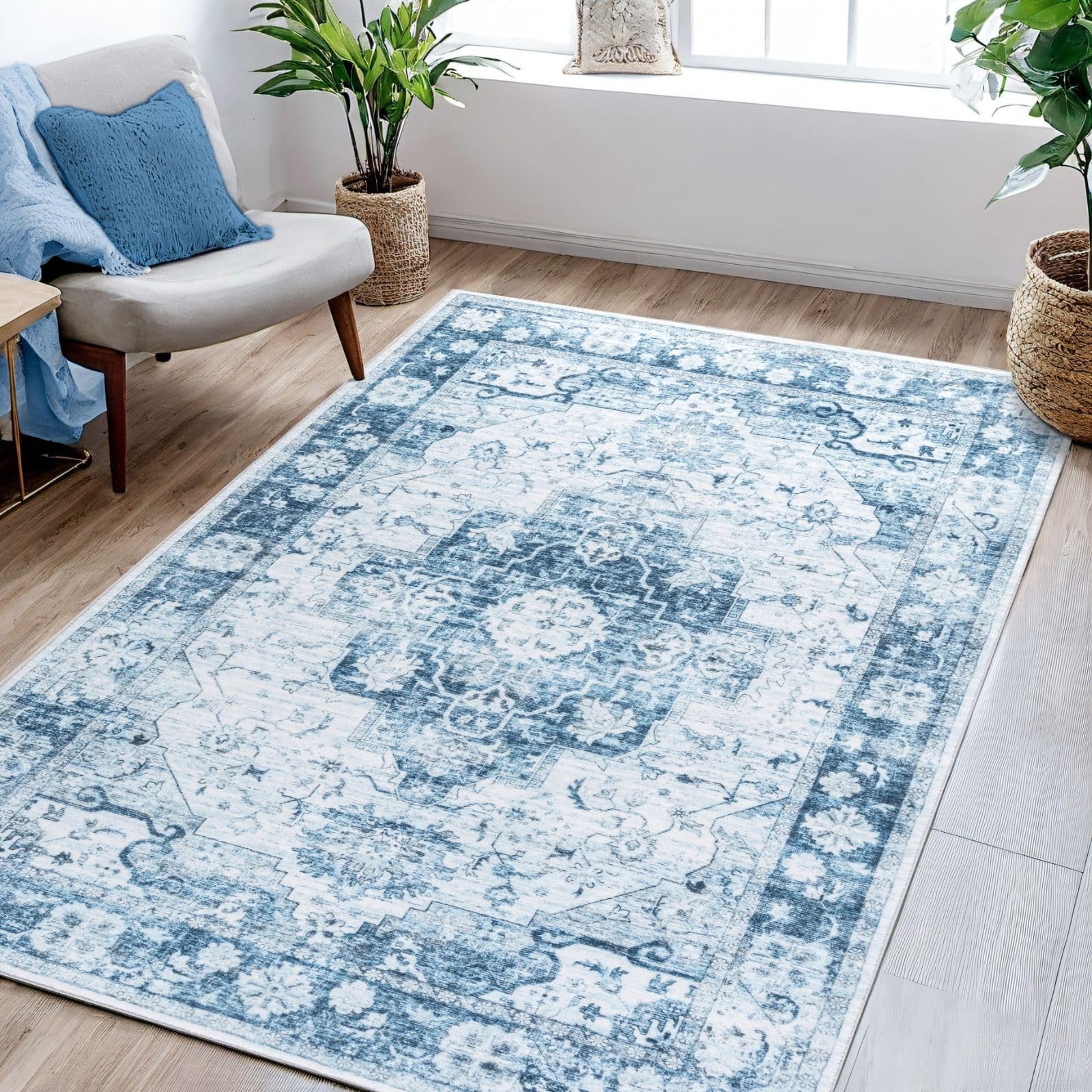 Syalife 5x7 washable area rug with ultra-soft, low pile, stain-resistant surface and non-slip backing in a neutral design