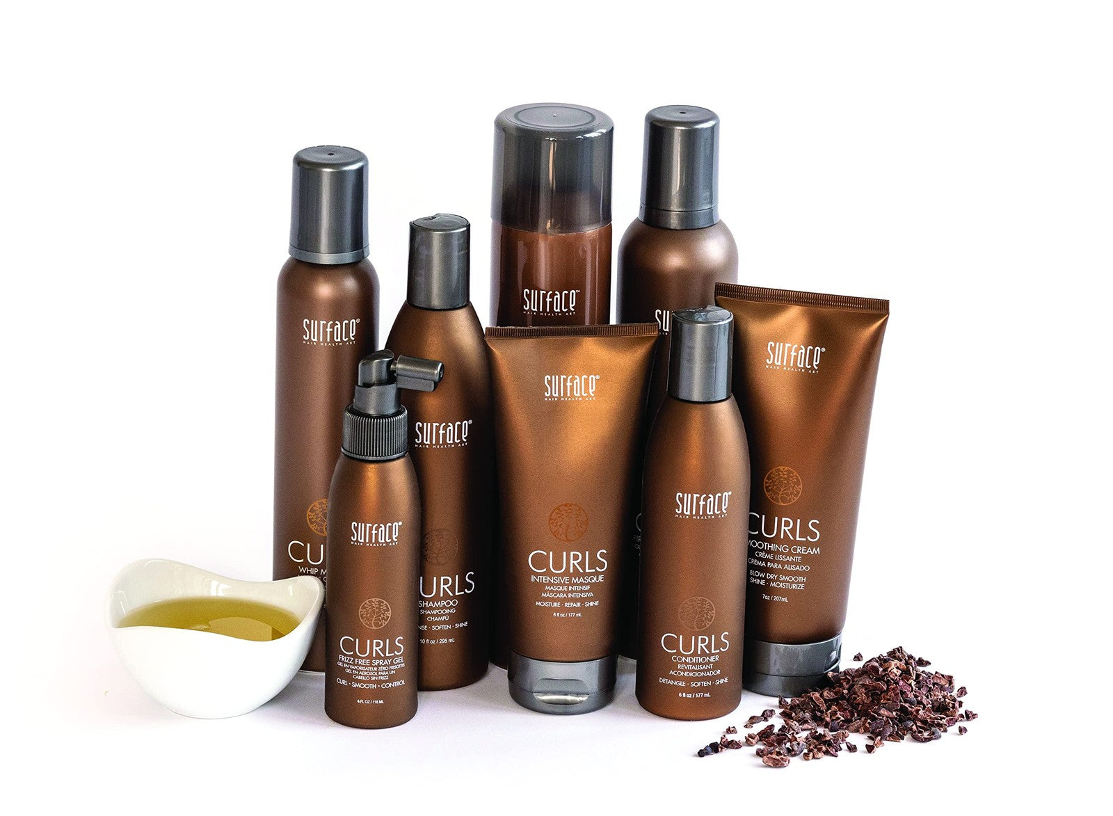 Surface Hair Curls Serum bottle showing the repair and protection formula for curly hair, designed to maintain moisture and shine.