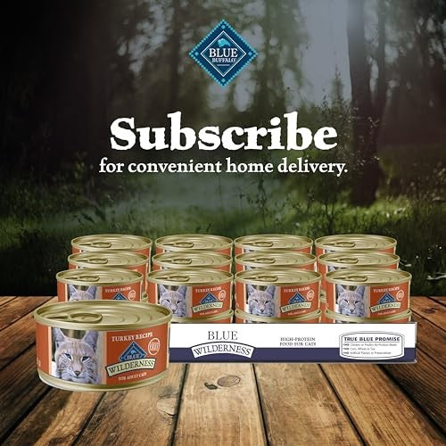 Blue Buffalo Wilderness grain-free wet cat food for adults with turkey, featuring a can of premium feline nutrition.