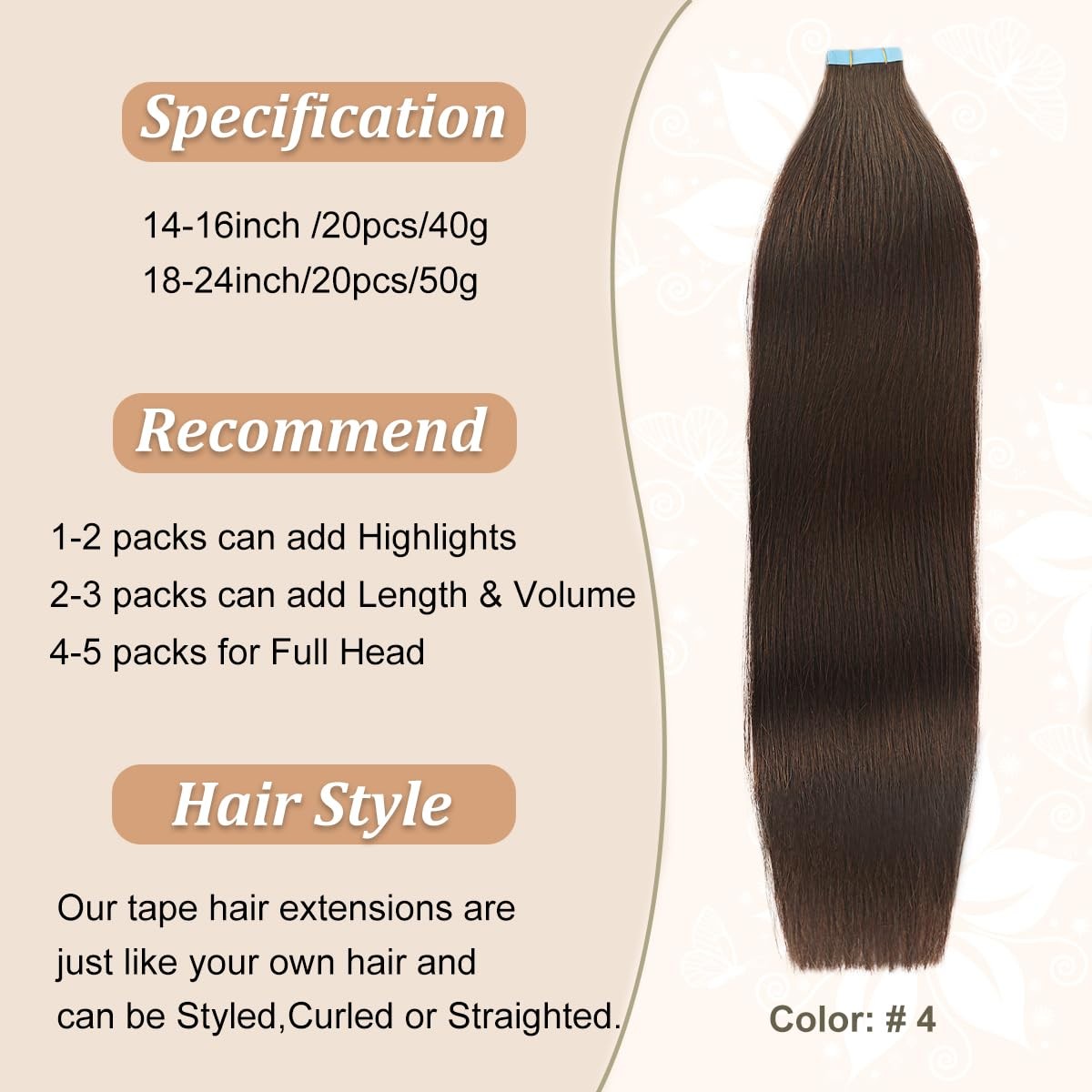 LAKASTATR 22-inch human hair tape-in extensions in shade #4 M, showing seamless tape-in hair extensions with smooth, natural appearance.