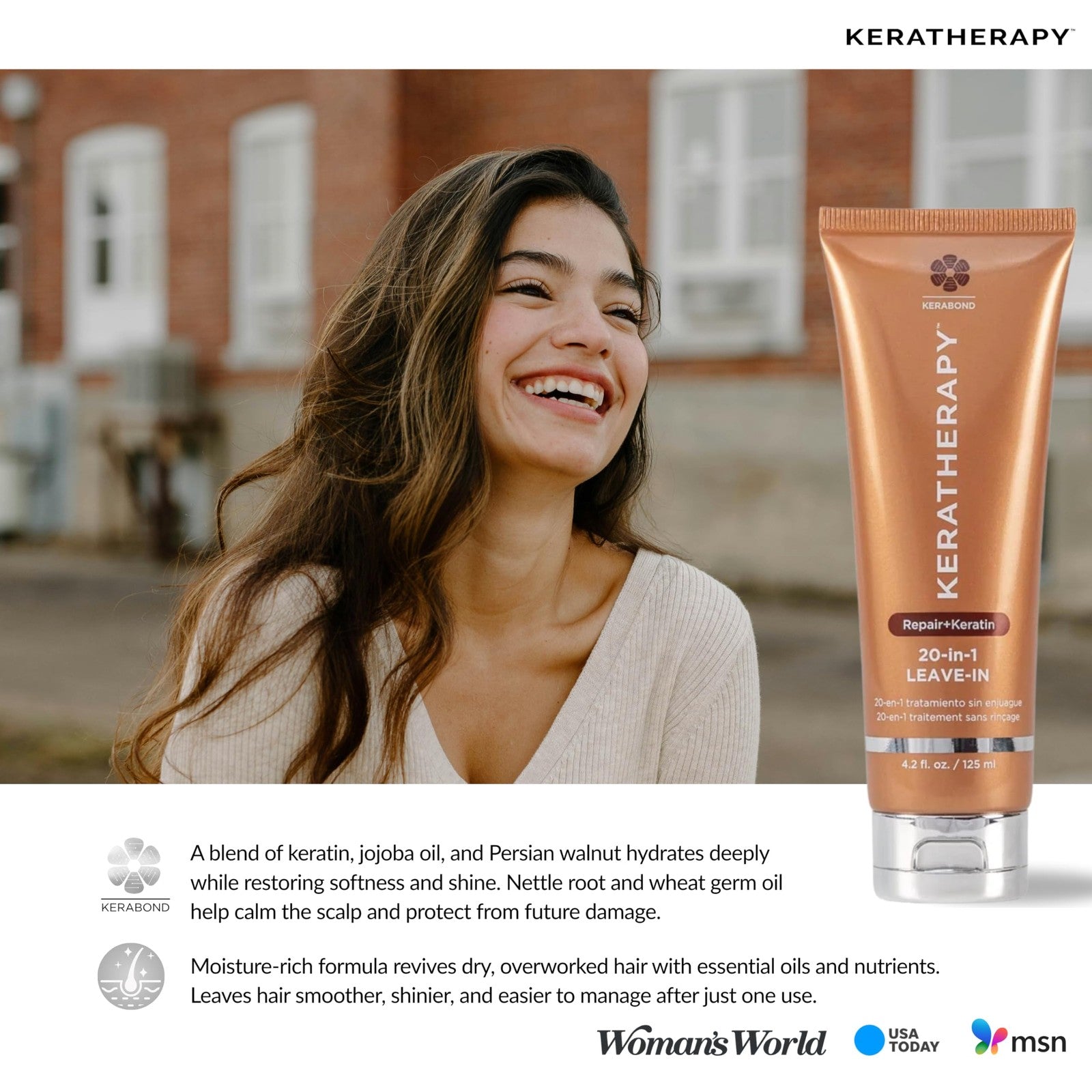 Keratherapy KeratinFIXX 20-in-1 leave-in conditioner, 4.2 fl oz, with sleek bottle and pump dispenser, infused with keratin for hair repair.