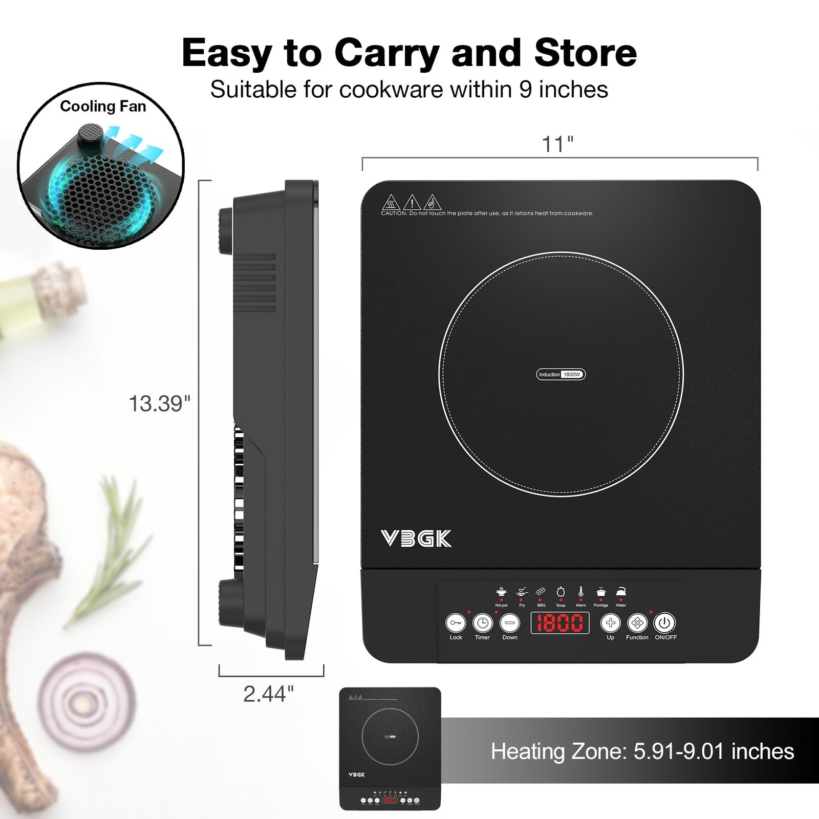 VBGK portable induction cooktop with single burner, 1800W, 110V electric stove top, featuring digital controls and sleek black design.