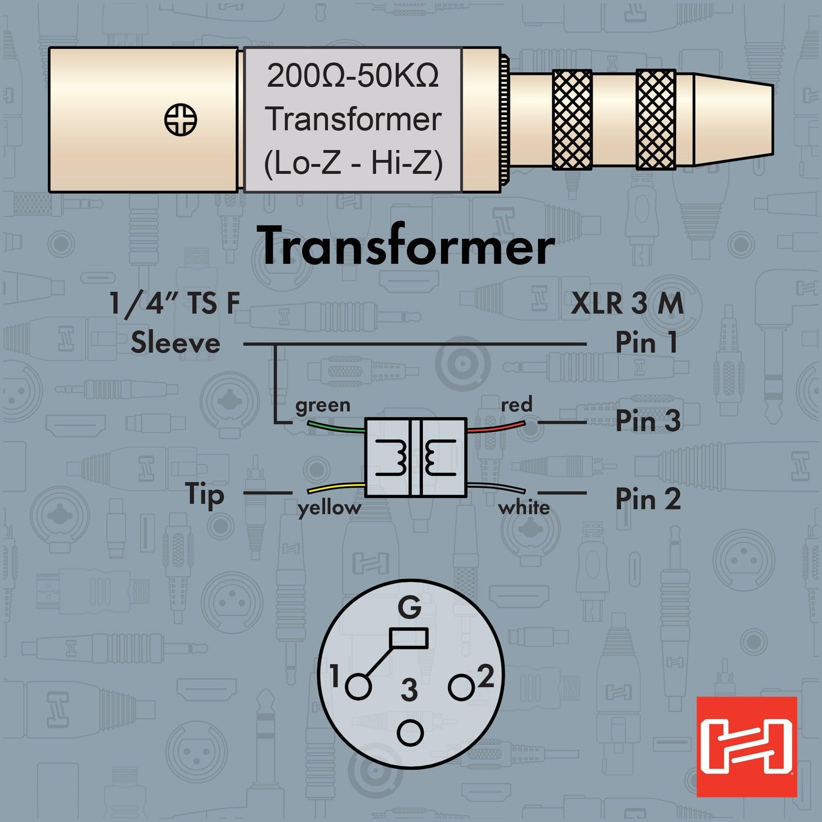 Hosa MIT-129 impedance transformer with 1/4 inch TSF connector to XLR3M connector for audio signal conversion.