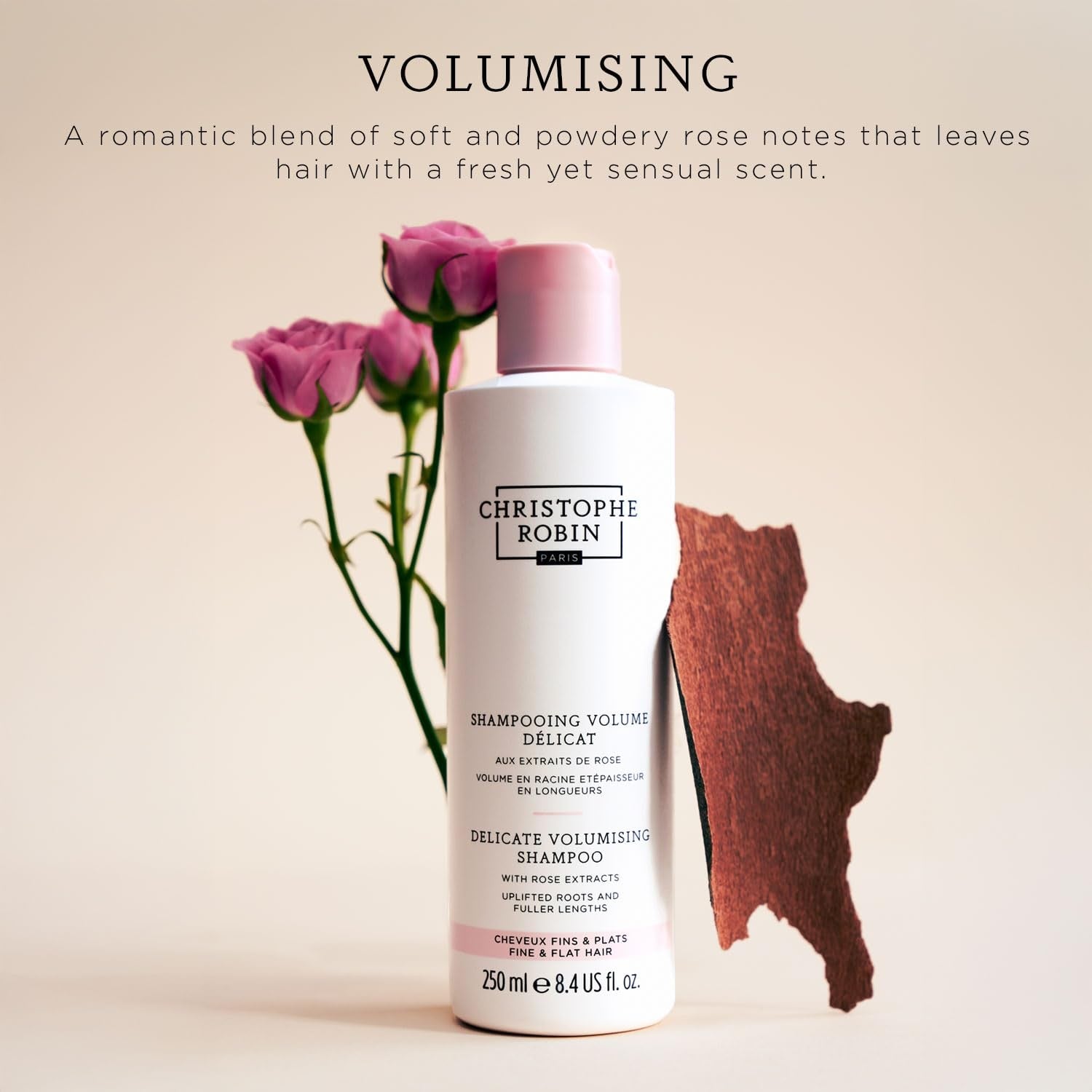 Christophe Robin Delicate Volumizing Conditioner with Rose Extracts for thin hair, showing the bottle and floral design.