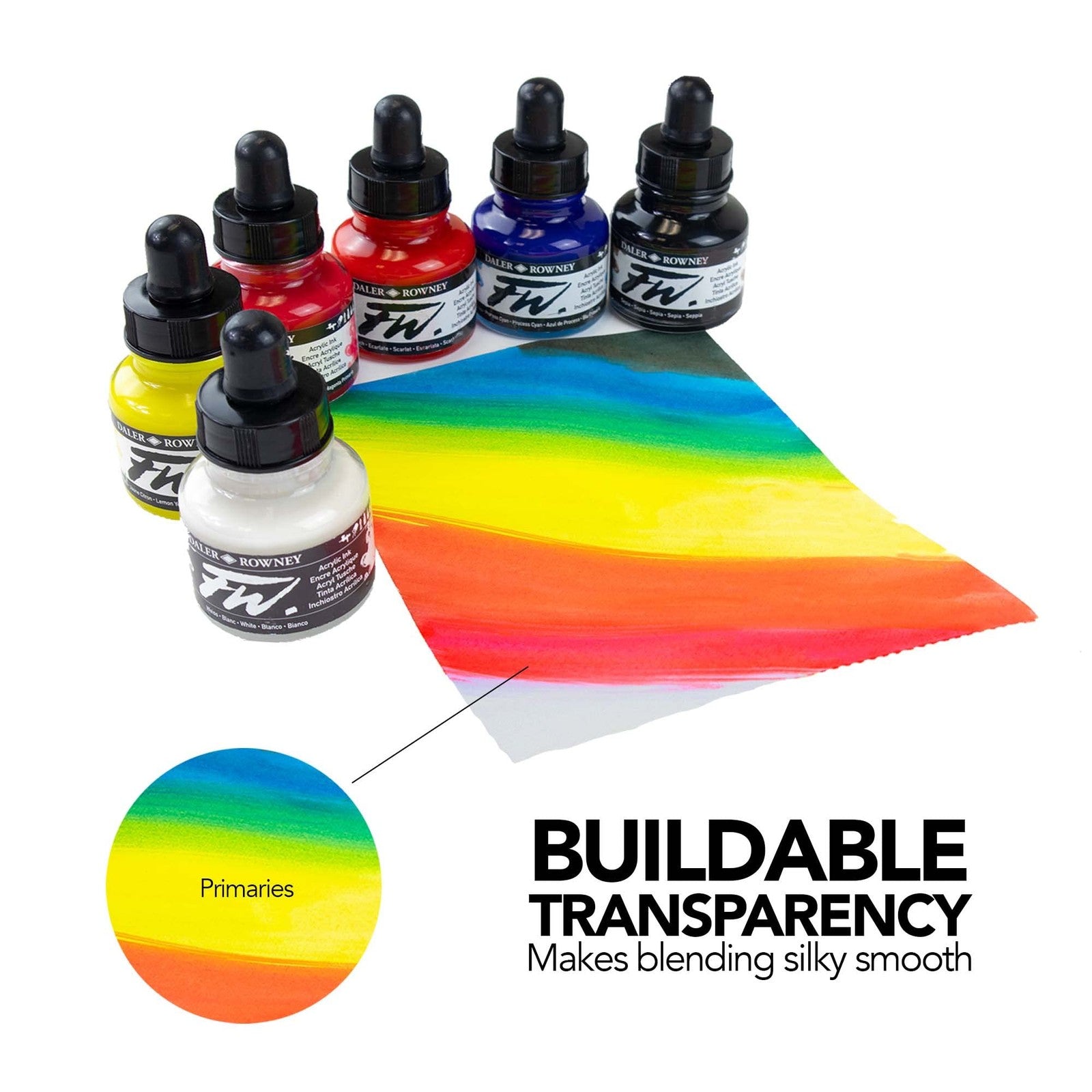 Daler-Rowney FW acrylic ink bottle in white for art and drawing, with a clear label and black cap on a white background.