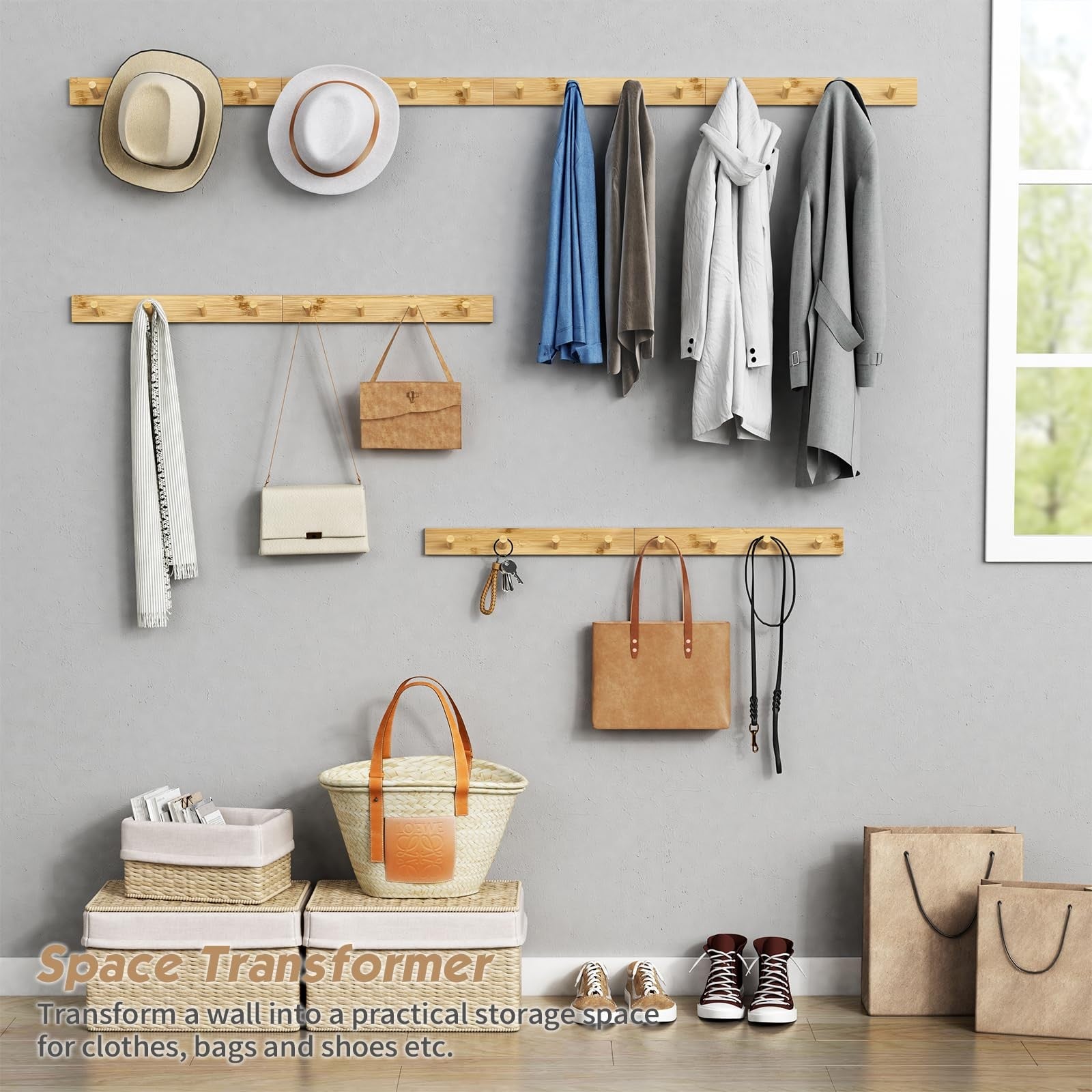 Forbena natural wood wall mount coat rack set of 4 with hooks, ideal for bathroom or entryway organization and storage.