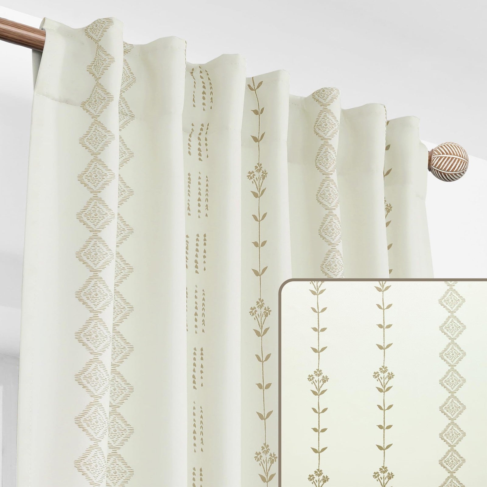 Neutral beige farmhouse curtains from Lino Rosa, 84-inch long tan blackout curtains for living room decor.