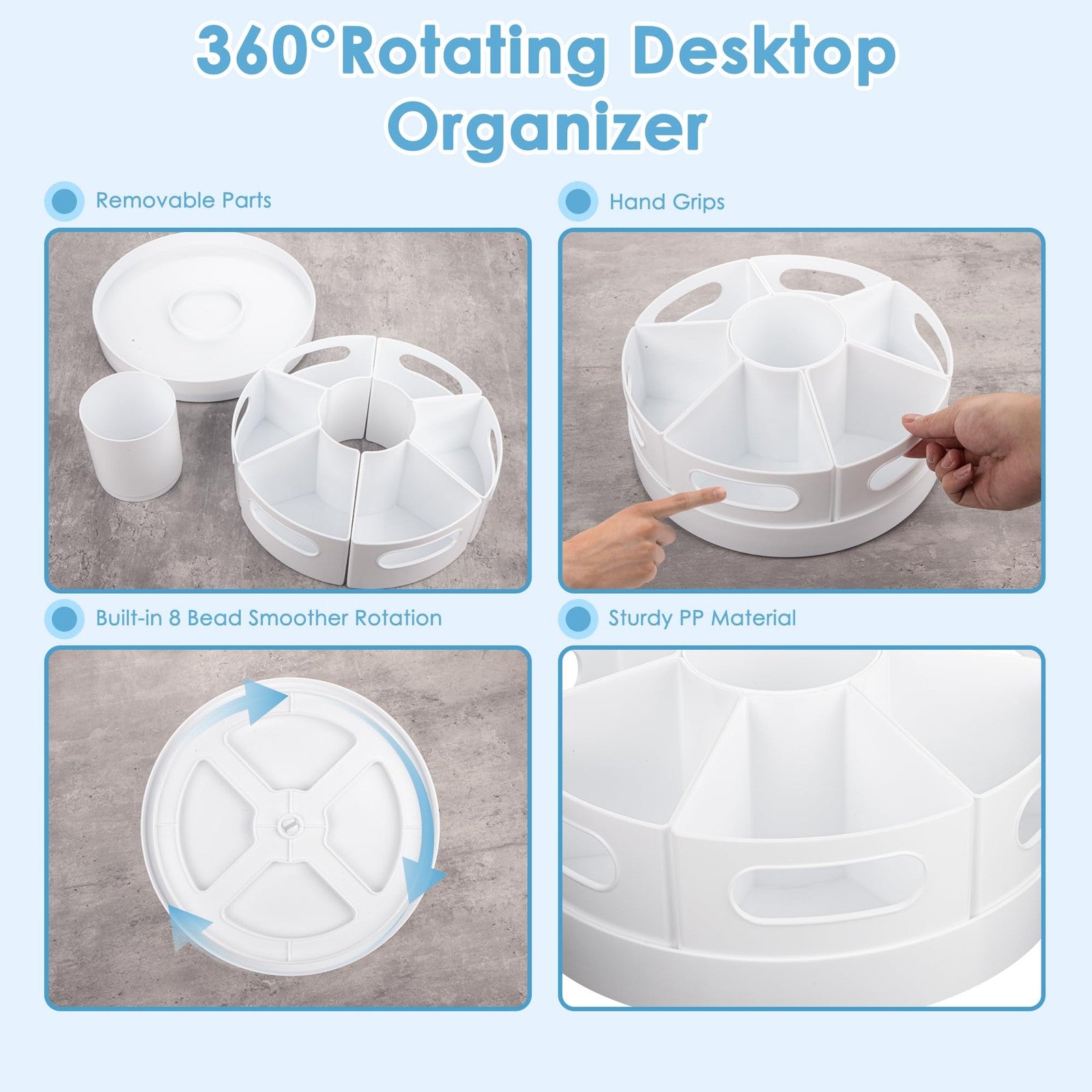 CraftGenes extra large 360° rotating art supplies organizer with multiple compartments on a desk surface.