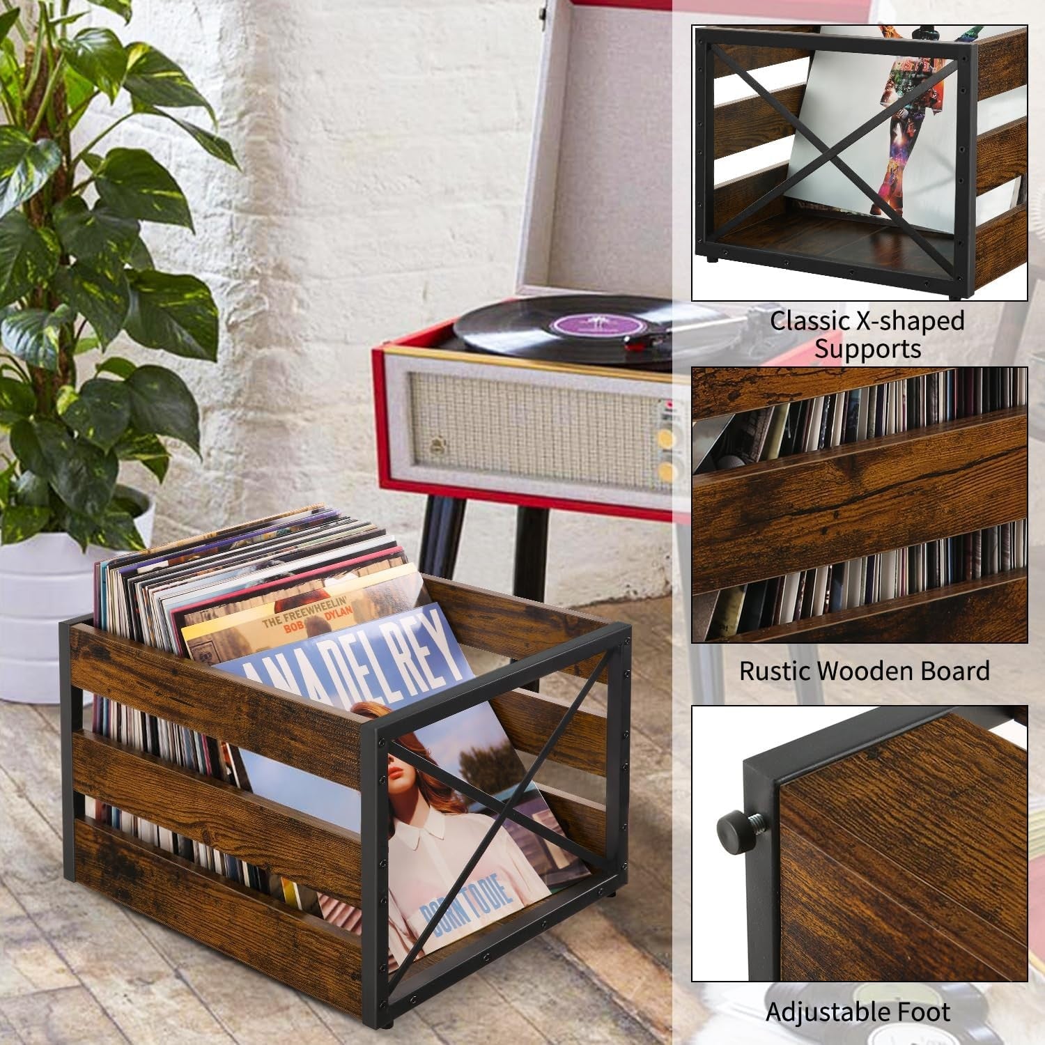 YINMIT large vinyl record storage crate made of metal and wood, designed for organizing LP records.