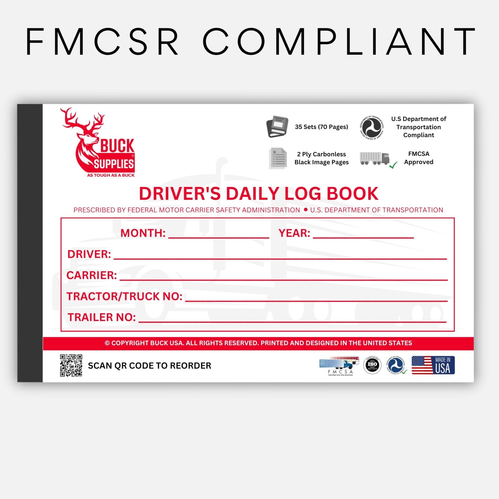 Set of 10 BUCK TAPE truck driver daily log books with 7 & 8 day recaps, DOT compliant, designed for transportation professionals.