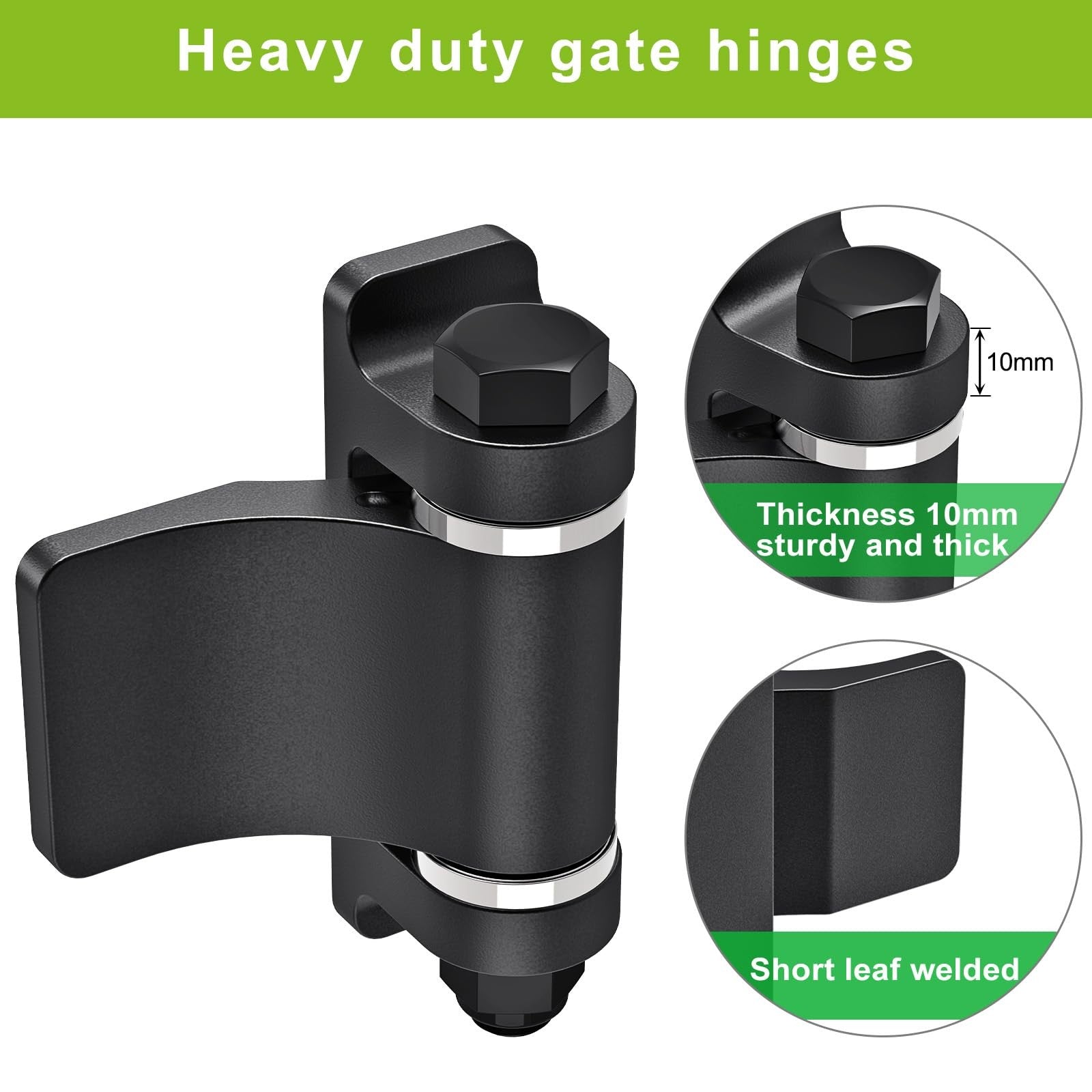 Lifeswell heavy duty steel weld-on gate hinges with spacer bearing, oxid finish, shown in a pack of four with detailed close-up.