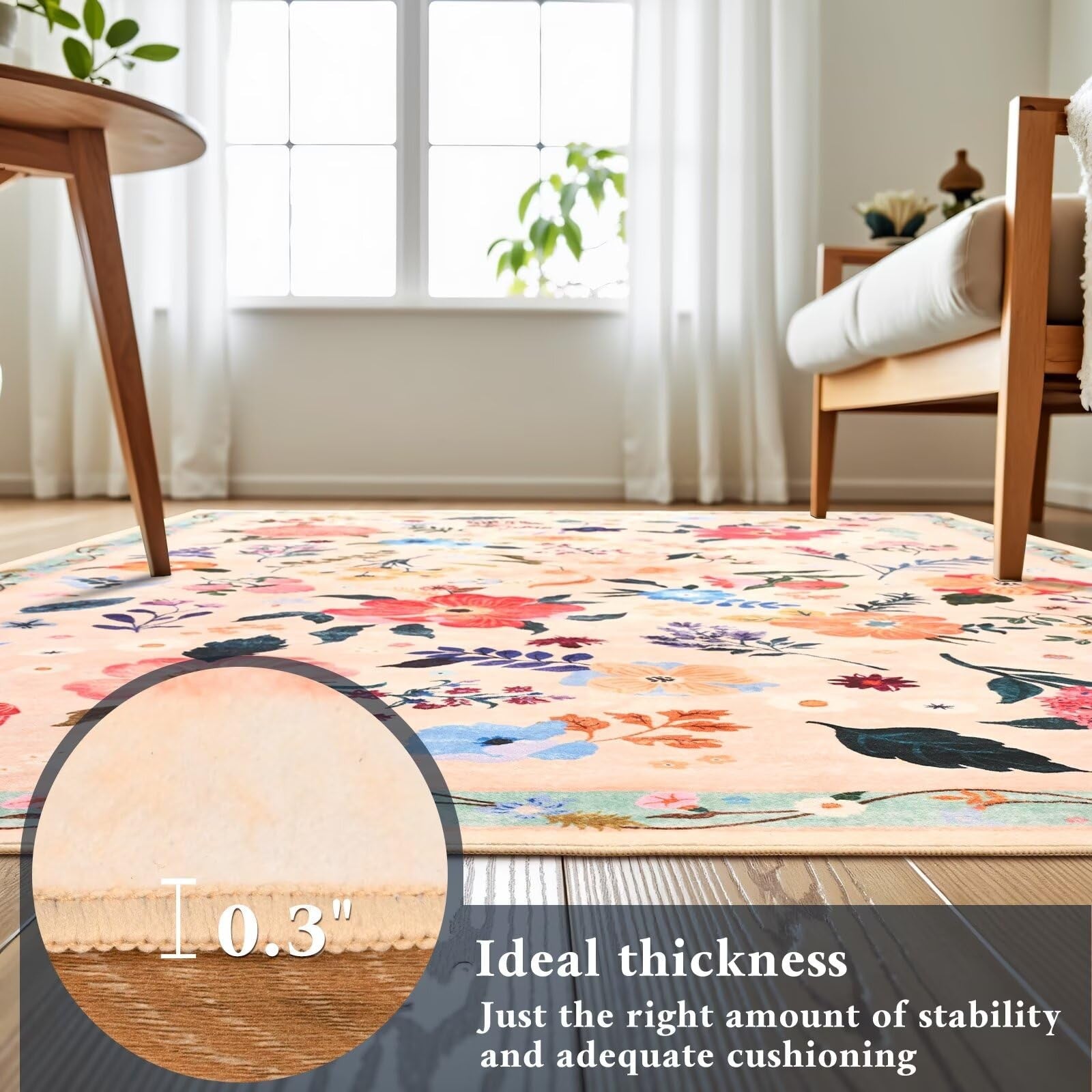 Macgace 2x6 floral runner rug with washable flower print and non-slip backing, showcasing vibrant colorful flowers on a fabric surface.