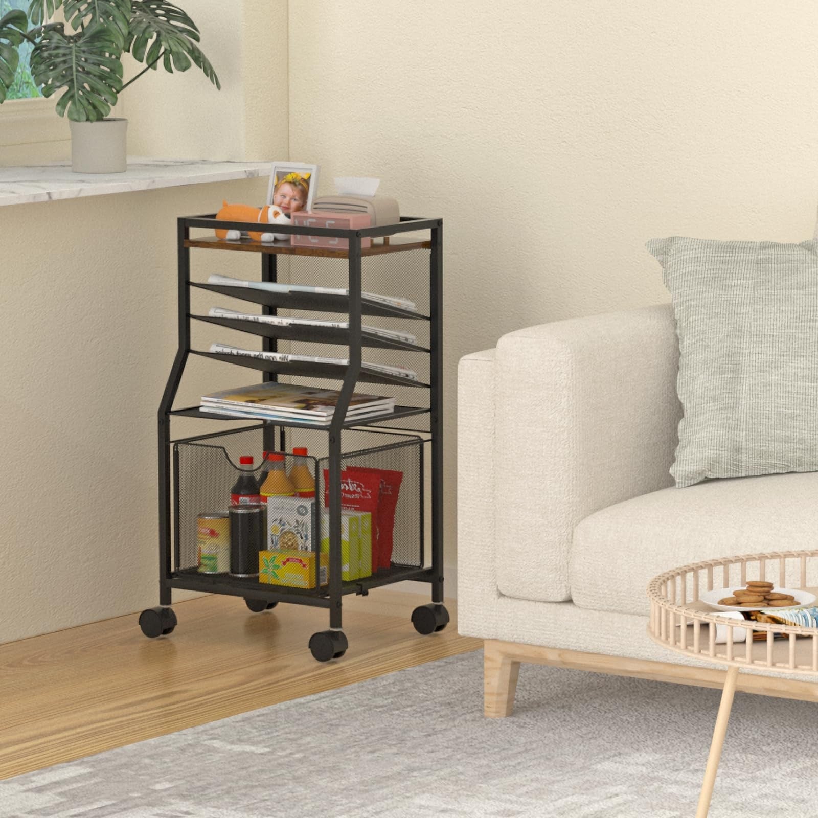 BOHDK 6-tier rolling file cart with lockable wheels, brown wood finish, ideal for desk organization and storage.