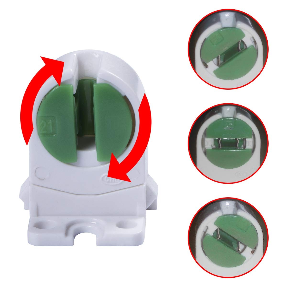 MZyoyo T5 LED fluorescent tube lamp holder 20-pack, white plastic lampholders for T5 fluorescent tubes, close-up view.