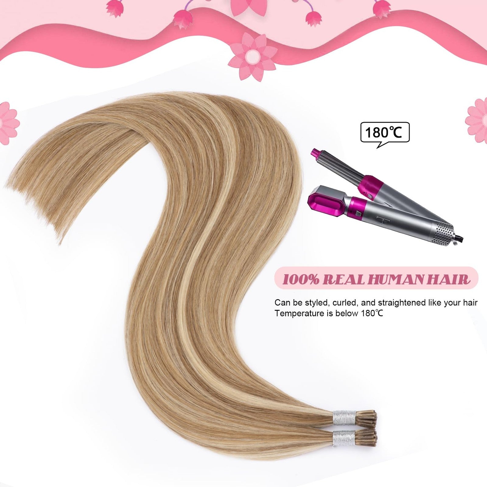 KPVXXVE I Tip human hair extensions in ash brown mix, 50g, 20 inches long, displayed hanging with smooth finish