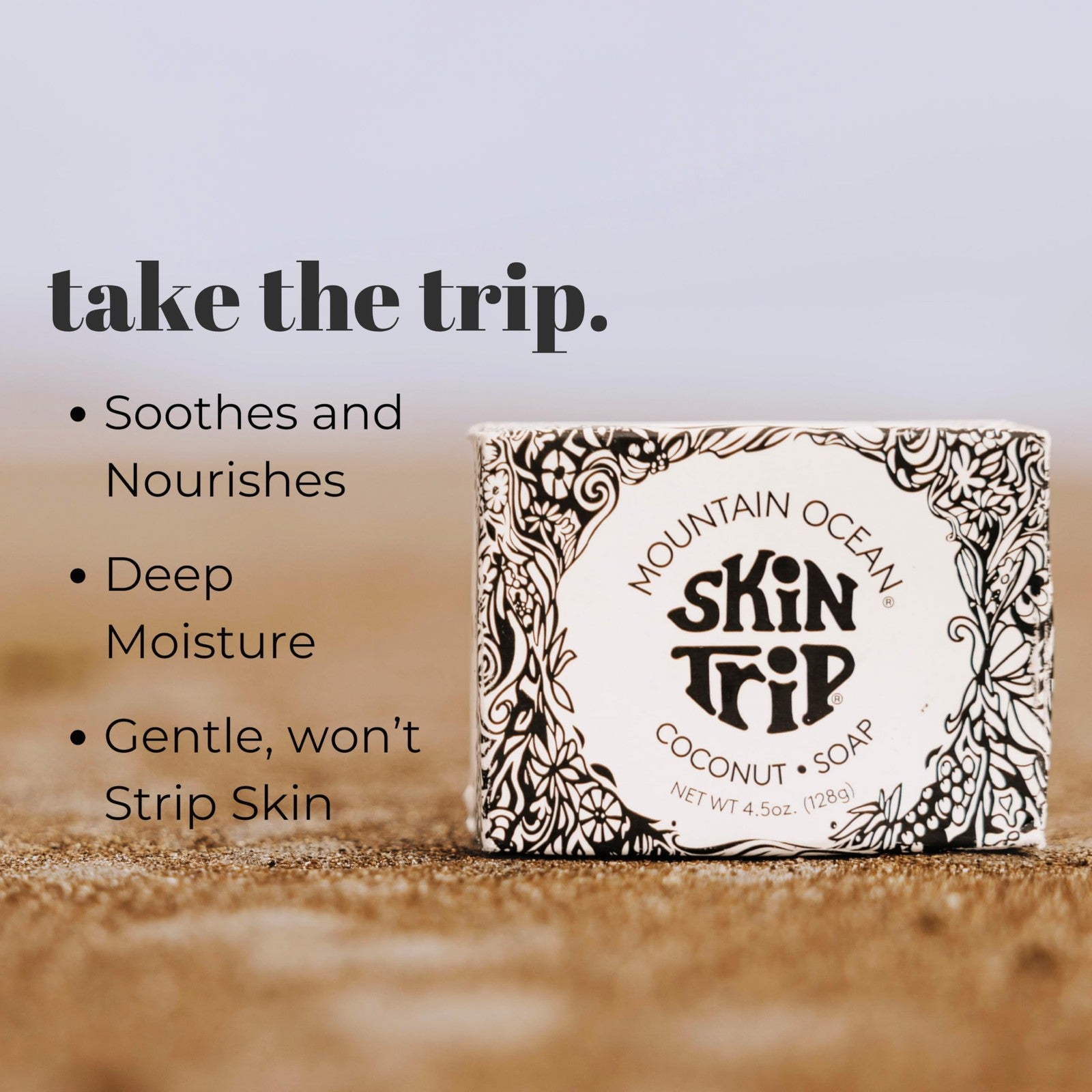 Mountain Ocean Skin Trip Coconut Soap bars, 4.5oz each, packaged in a set of six, featuring natural coconut scent and gentle cleansing.