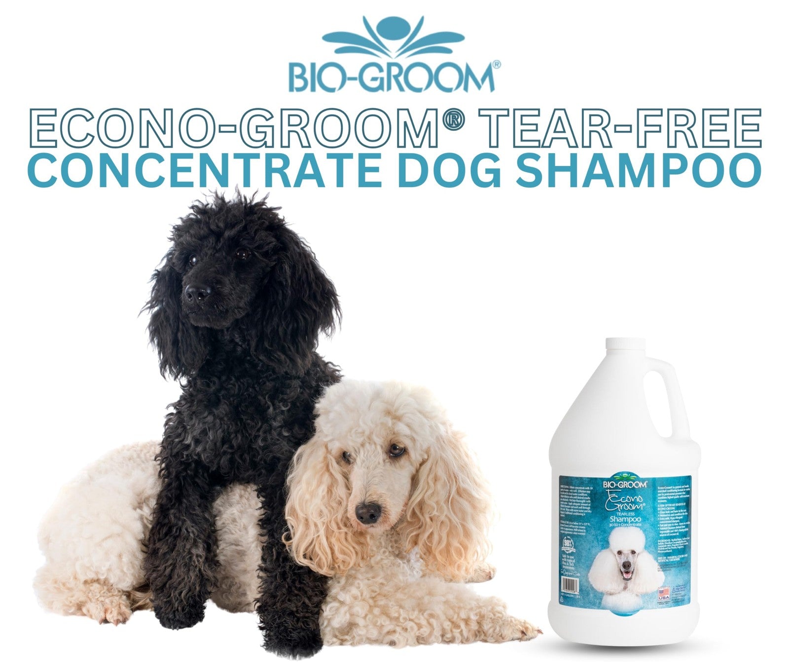Bio-Groom Econo-Groom tearless dog and cat shampoo concentrate, showing a bottle of pet grooming solution with a white label.