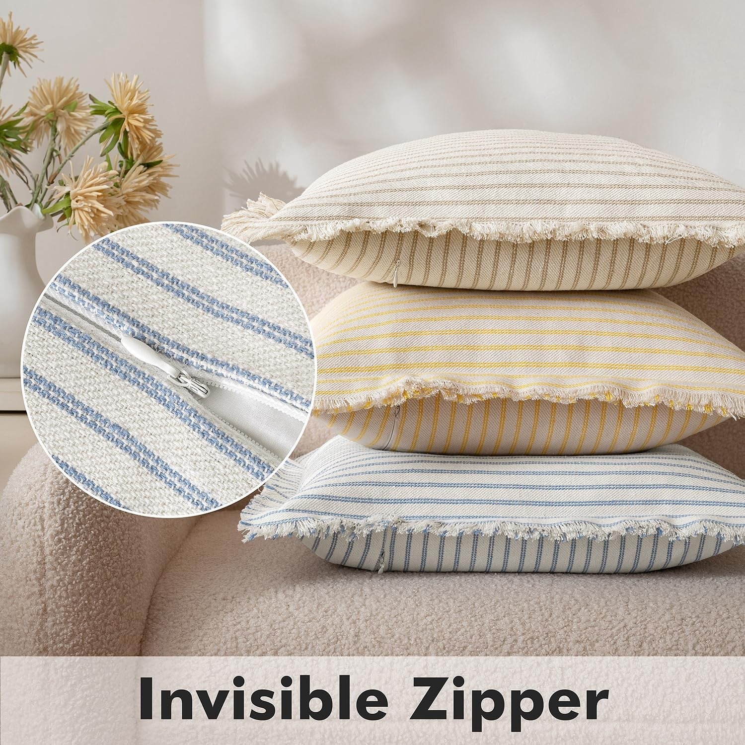 Light blue MIULEE pillow covers, 22x22 inch, with striped farmhouse design, suitable for couch or home decor.