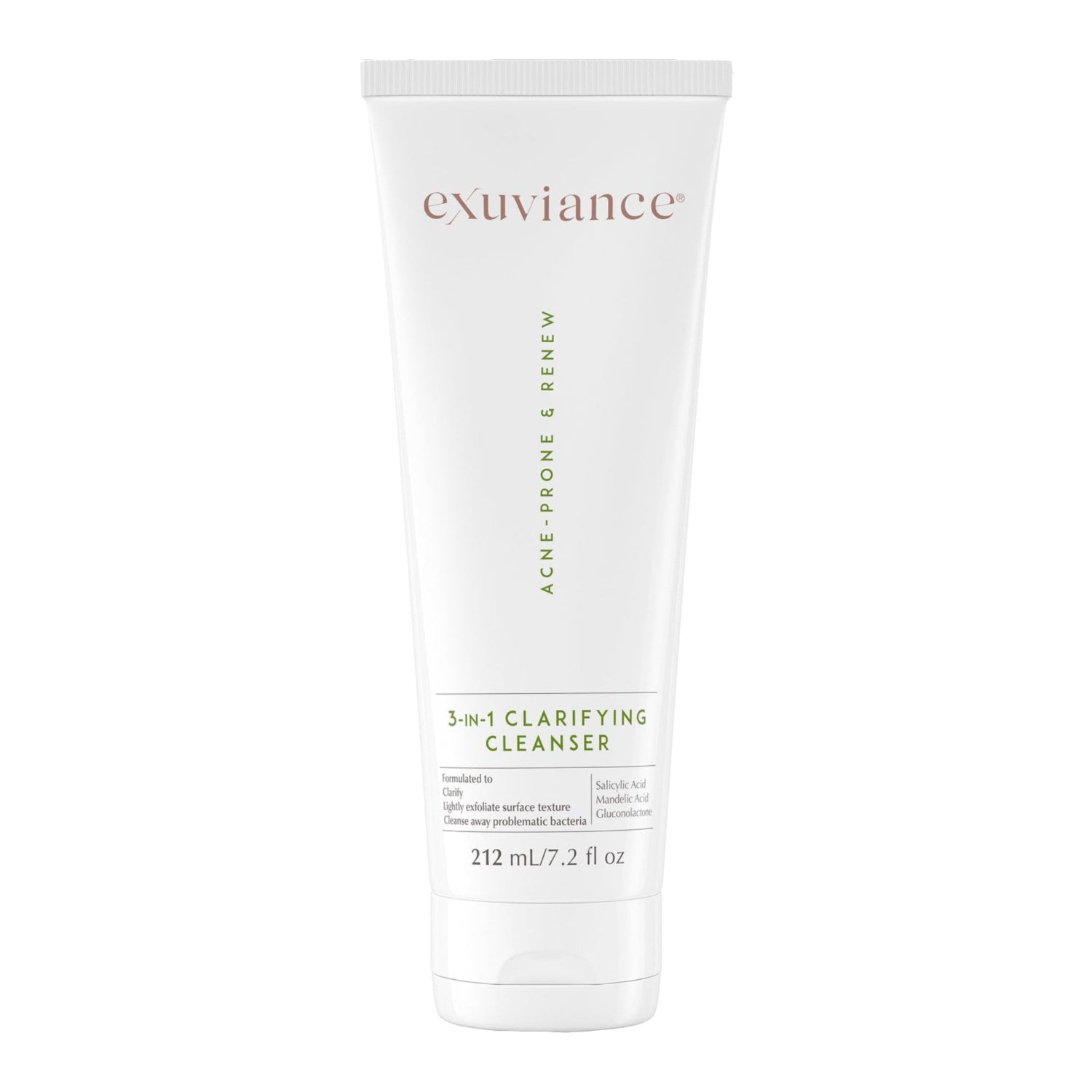 EXUVIANCE 3-in-1 Clarifying Anti-Aging Cleanser for acne-prone skin with salicylic acid, featuring a pump dispenser and clean packaging.