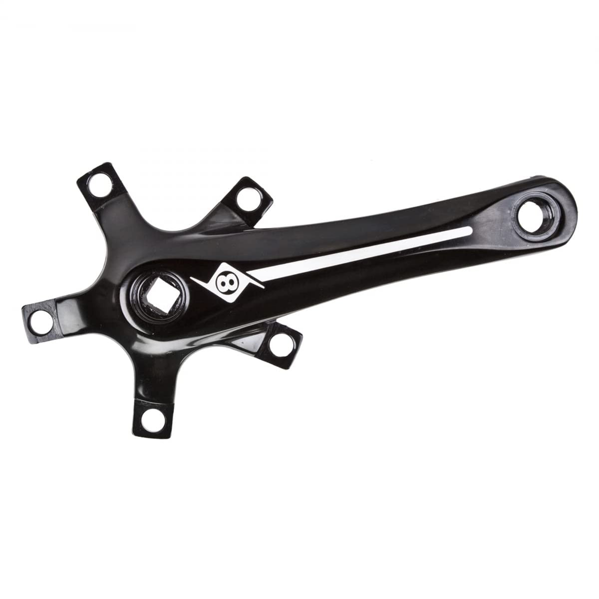 Black alloy crank arm set by Origin8, 150mm length with 110 BCD for bicycle cranksets, shown in a close-up image.