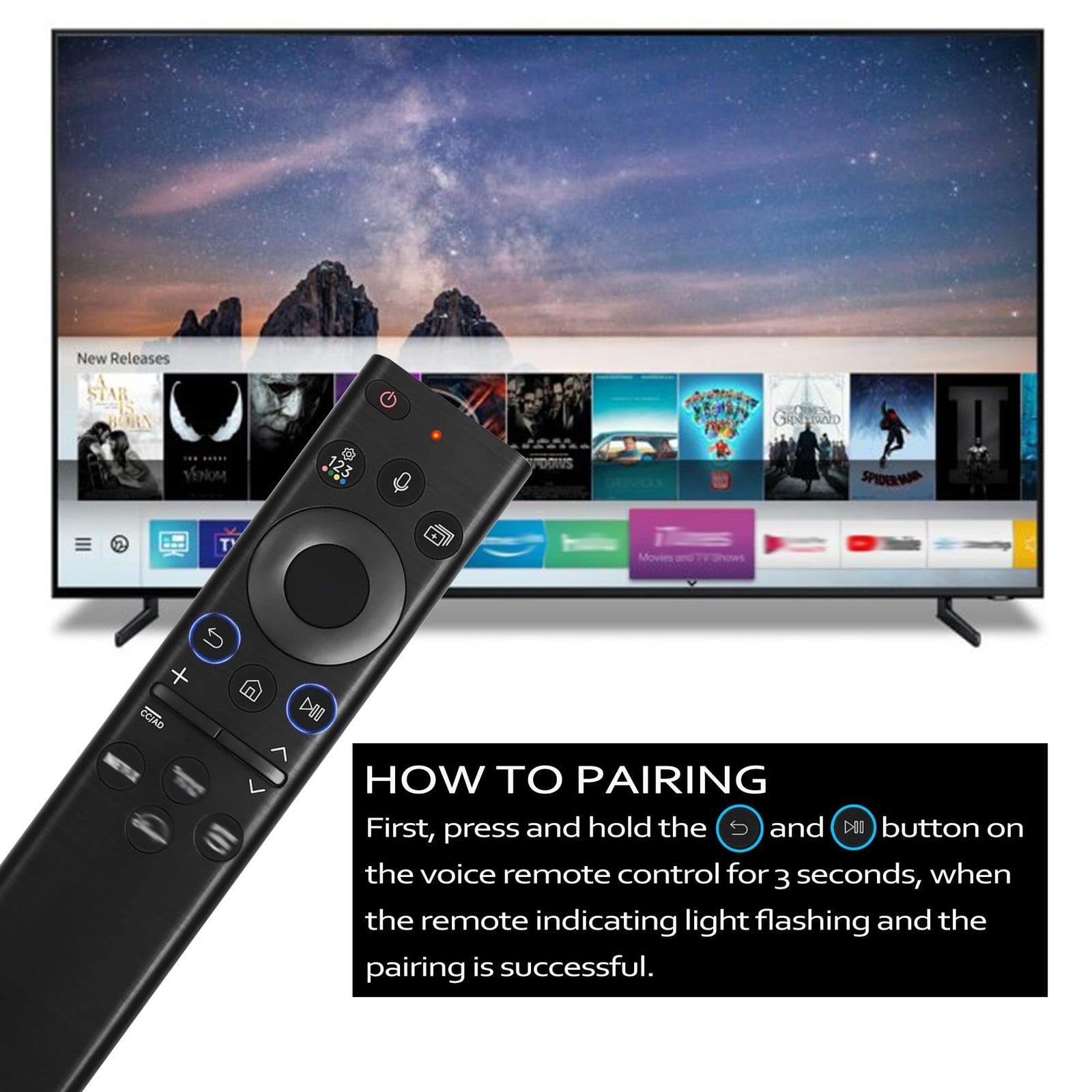 FonPeak Samsung Solar Voice TV remote control compatible with Neo QLED The Frame Crystal TV, featuring sleek design and solar charging panel.