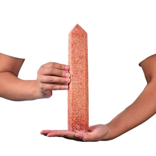 JIC Gem large sunstone obelisk tower with six facets, natural healing crystal wand showcasing warm, shimmering orange and gold tones.