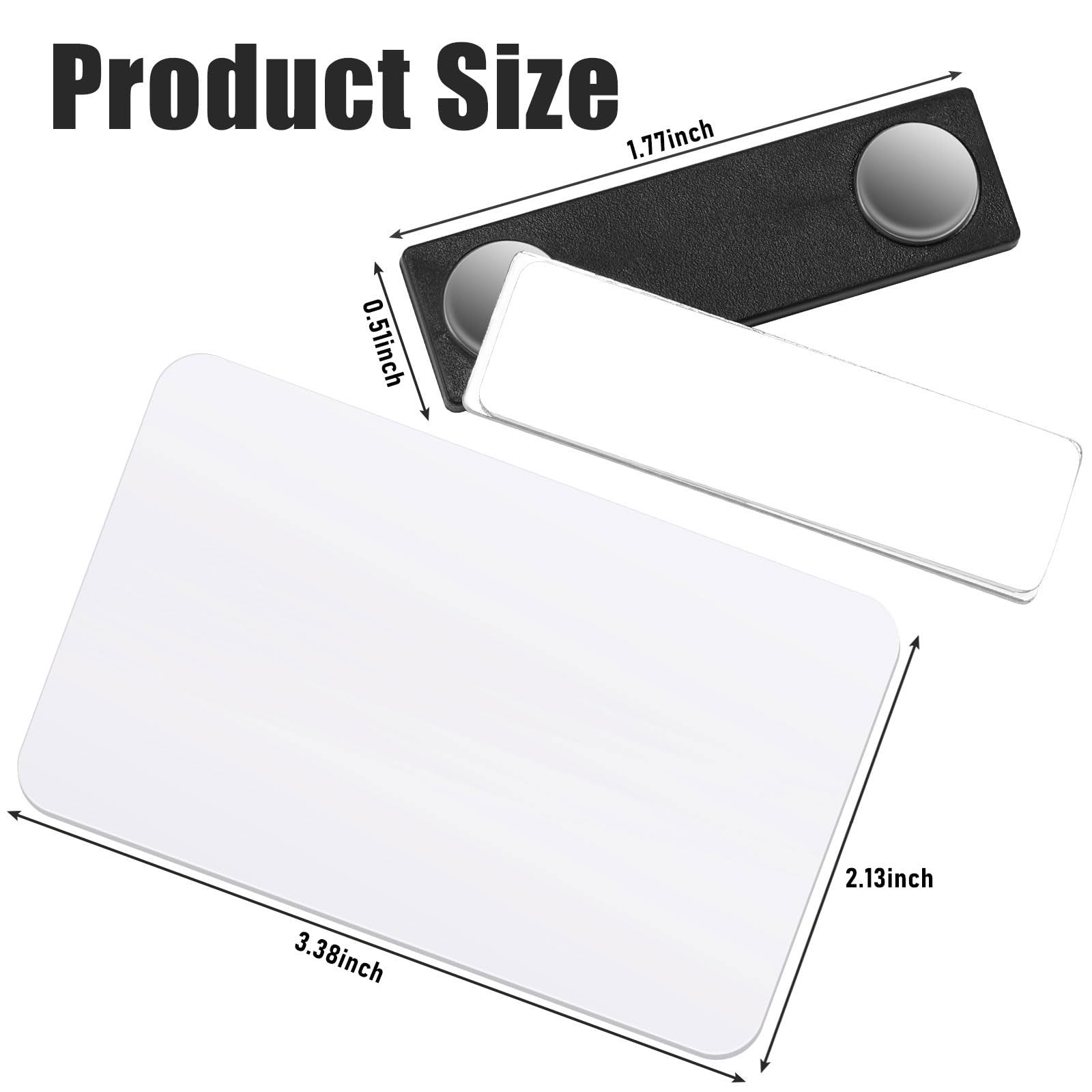 Chinco 50-set reusable magnetic name tags with blank surfaces measuring 3.4 x 2.1 inches, featuring magnetic backing for easy attachment.
