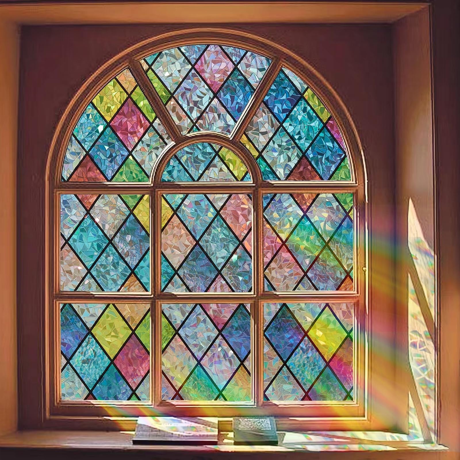 Bectosy stained glass window privacy film with decorative static cling design on clear glass for privacy and style.