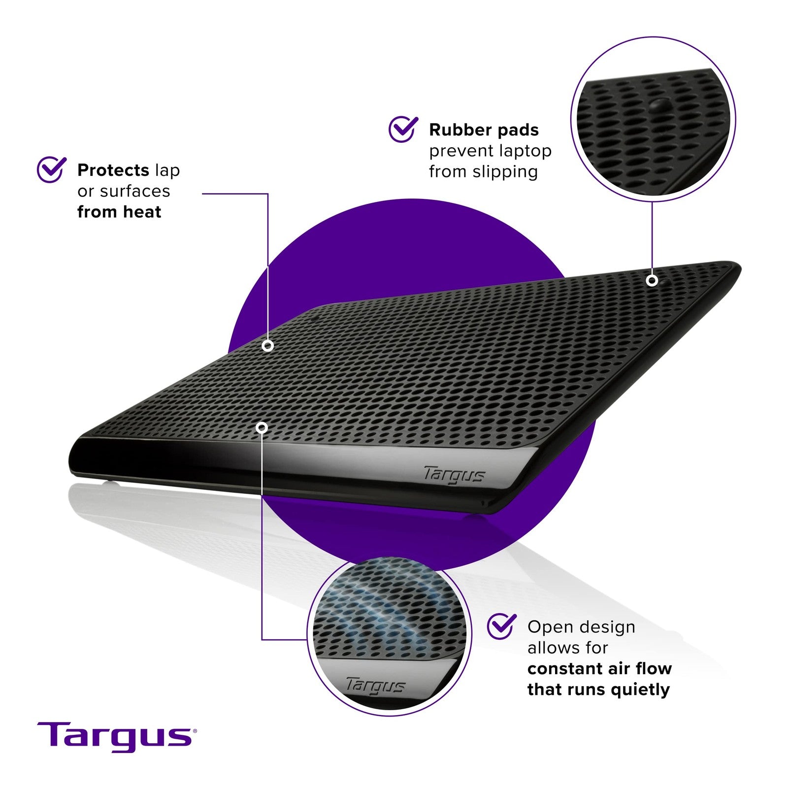 Black Targus Chill Mat for 16-inch laptops with ergonomic cooling design and adjustable height for comfortable typing.