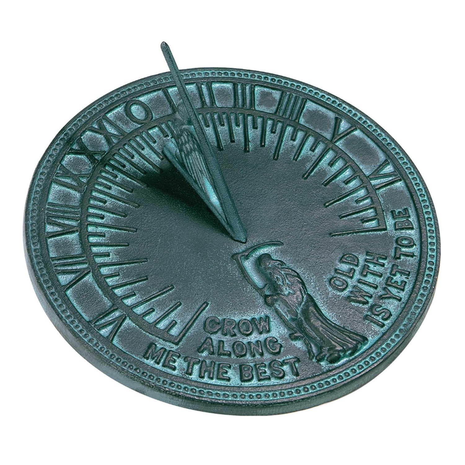 Rome 2550 Father Time Sundial made of cast iron with a verdigris finish, featuring an 11.5-inch diameter.