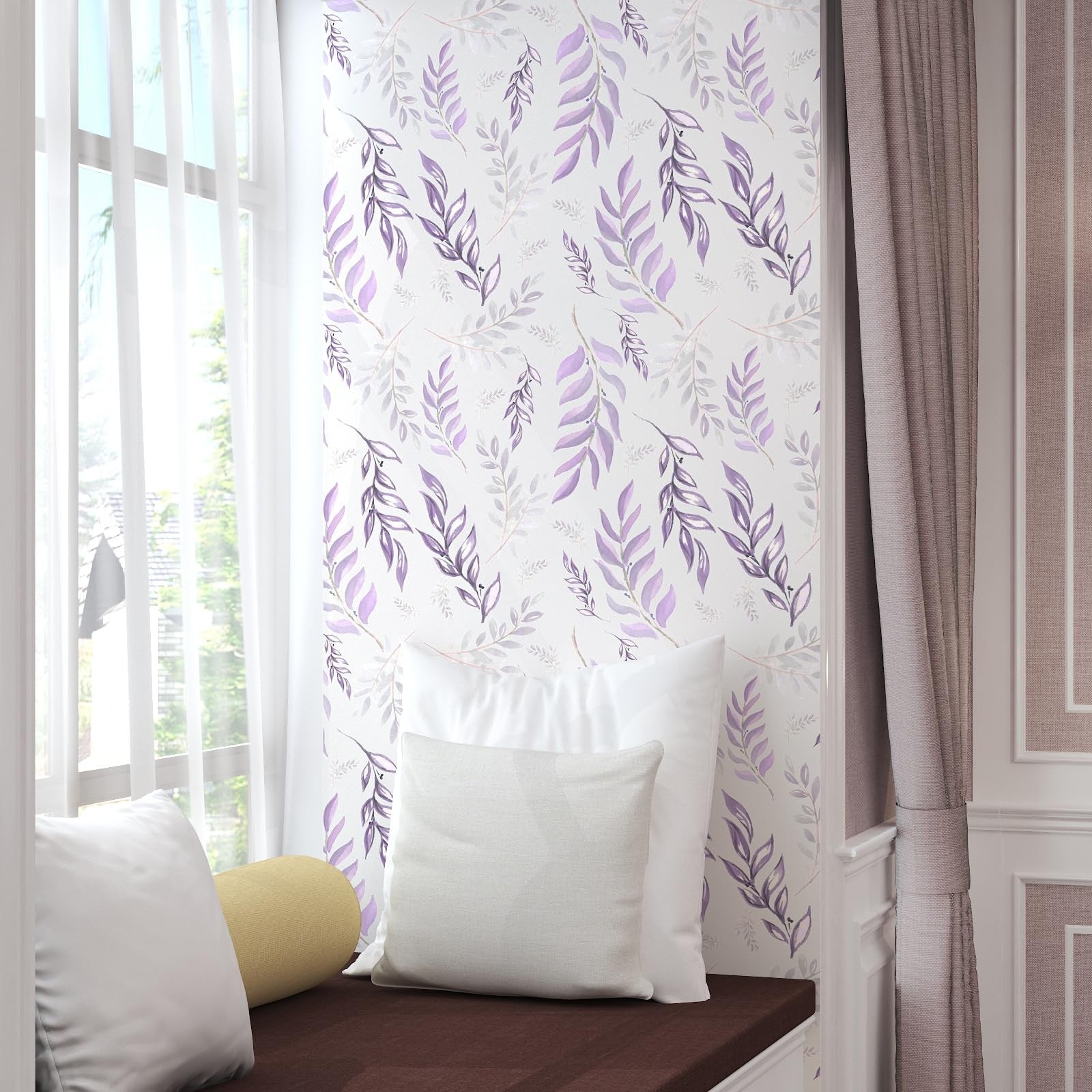 White and purple leaf peel and stick wallpaper by Laatse featuring botanical leaf design on a 17.5-inch contact paper.