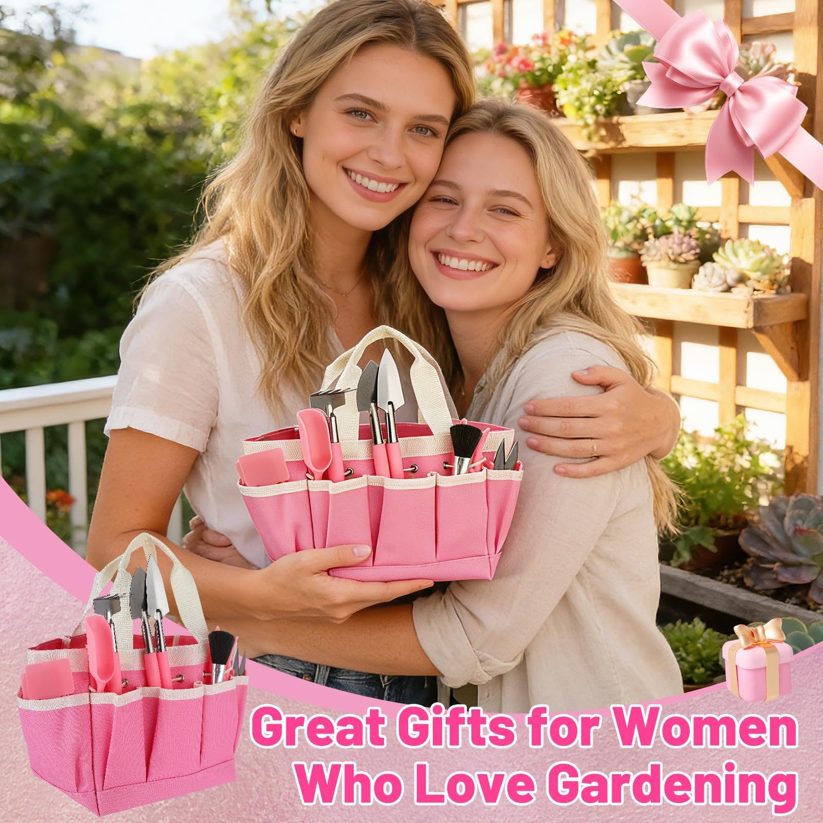 ANPHSIN 44-piece pink gardening tools set with small hand tools for succulents, bonsai, and transplanting plants.