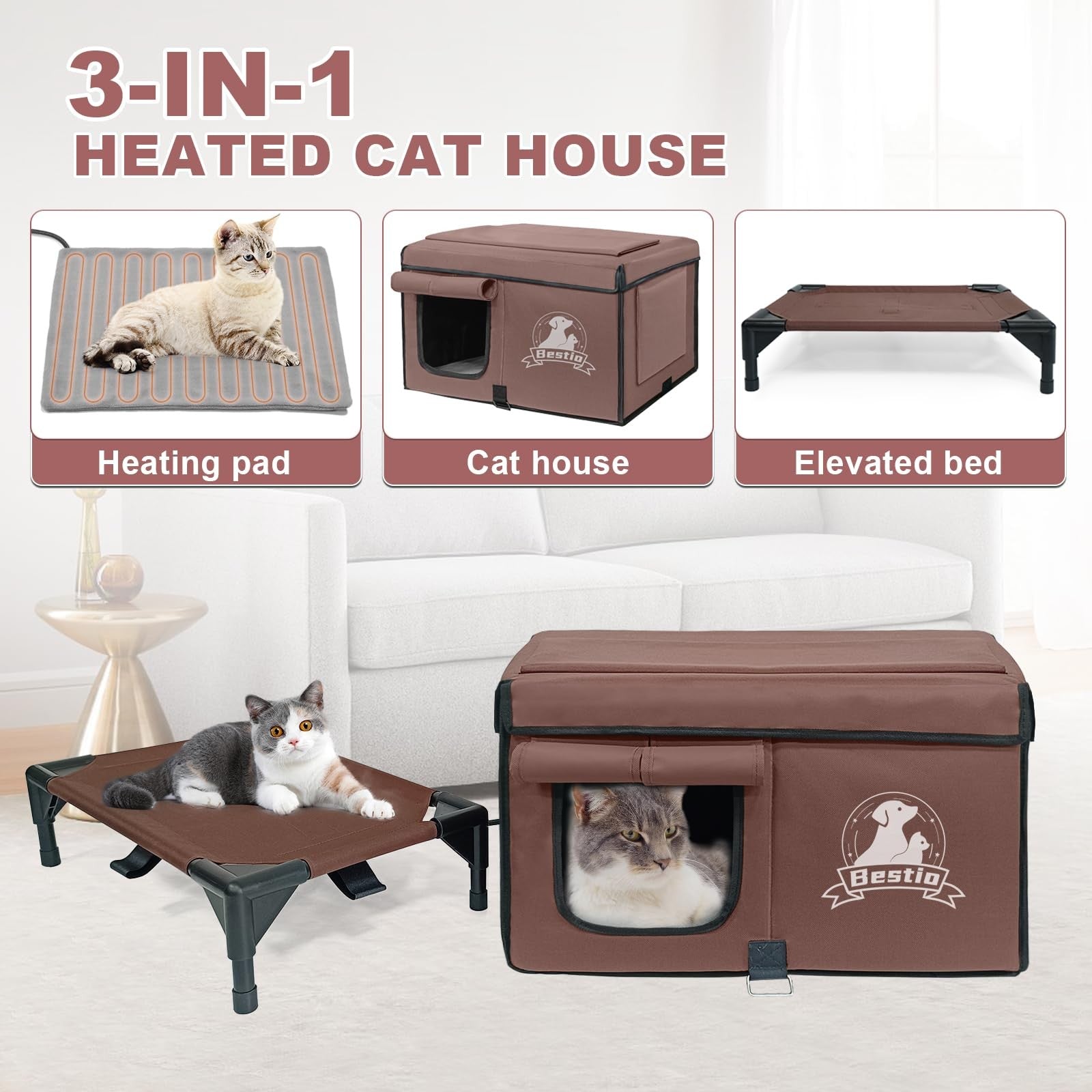 Bestio heated outdoor cat house with elevated base and eave design, ideal for keeping outdoor cats warm and comfortable.