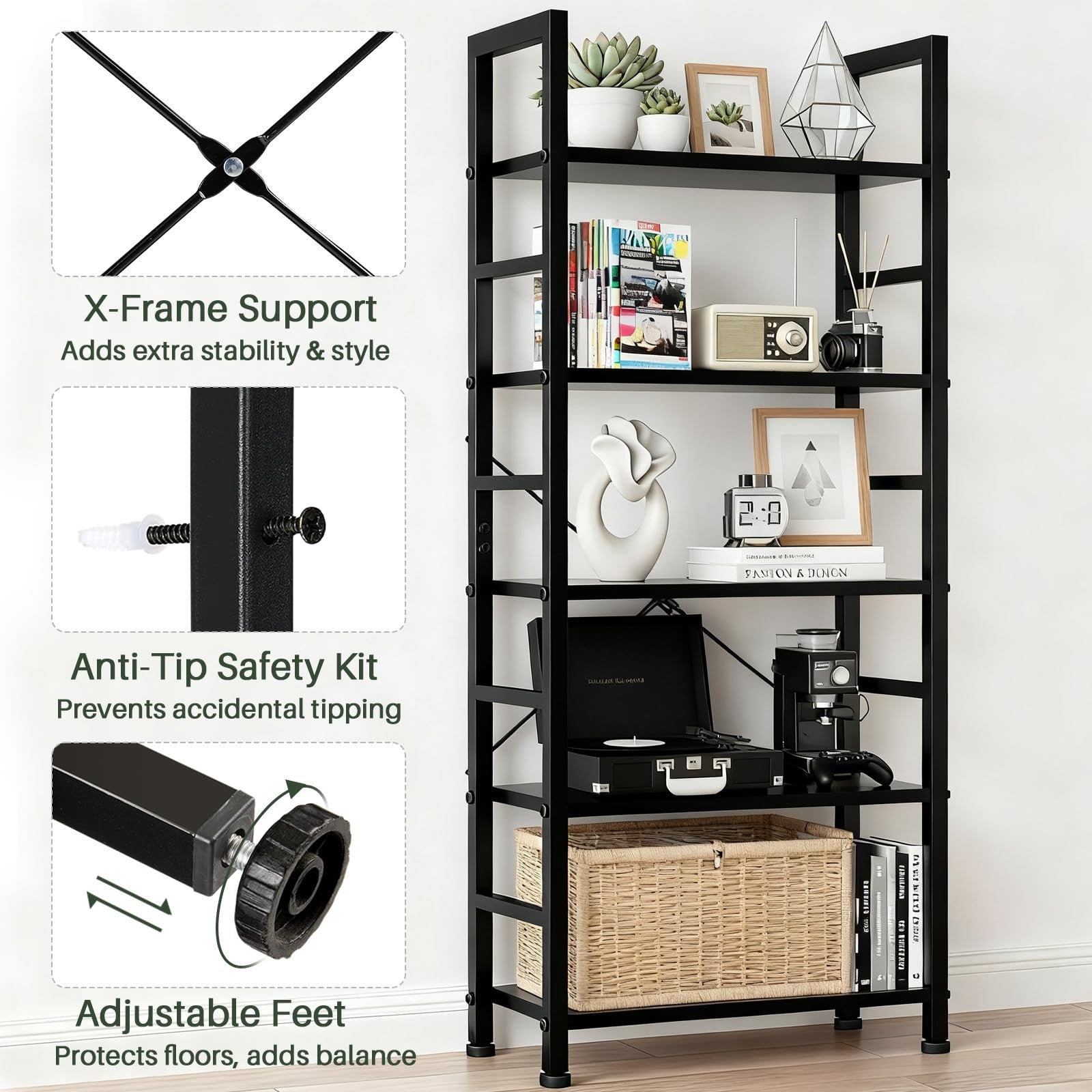 SageNest 5-tier wooden bookshelf with open metal frame for stylish storage and organization of books and decor items.