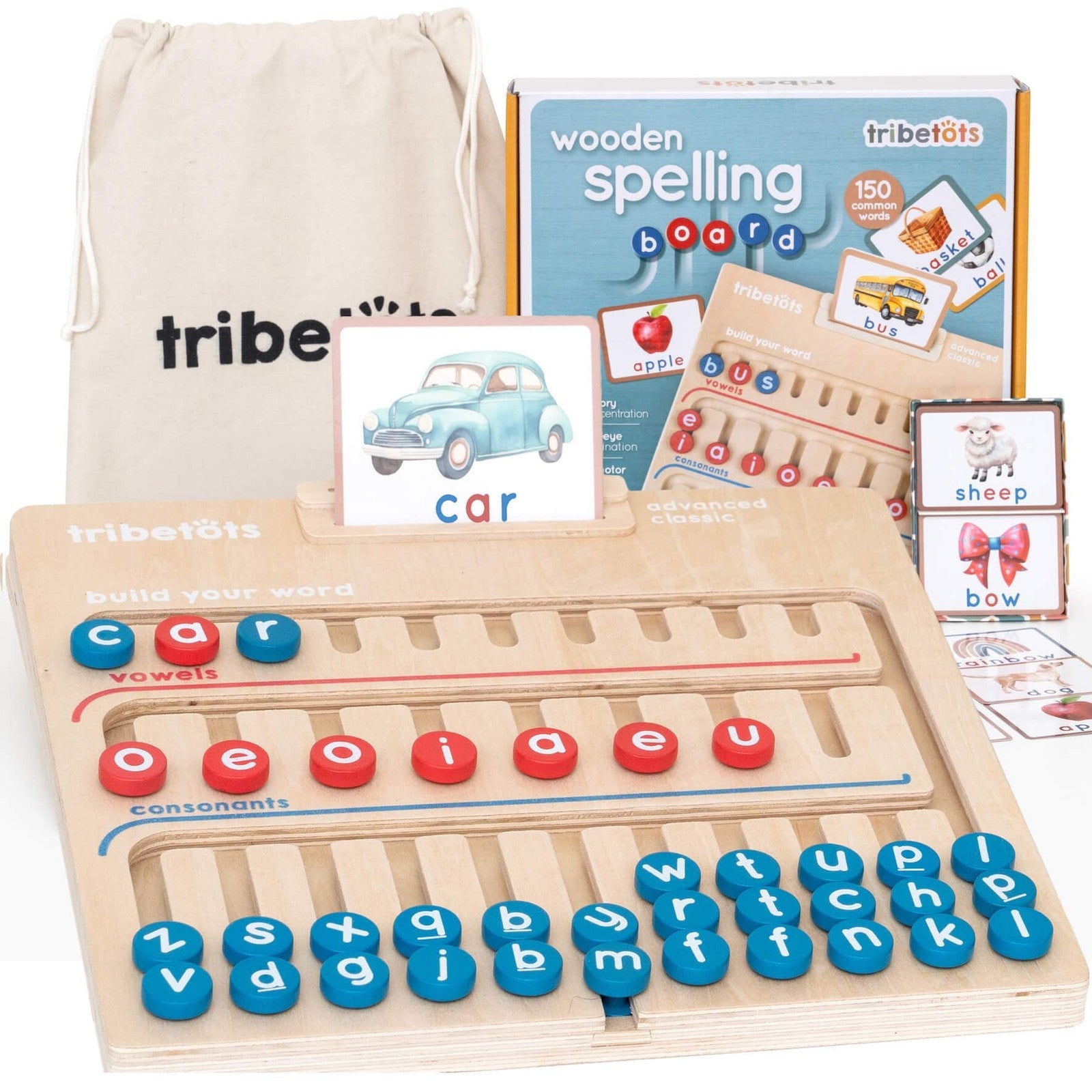 Wooden educational alphabet toy for 4-year-old kids, Tribetots Montessori learning toy with colorful letter blocks for early literacy.