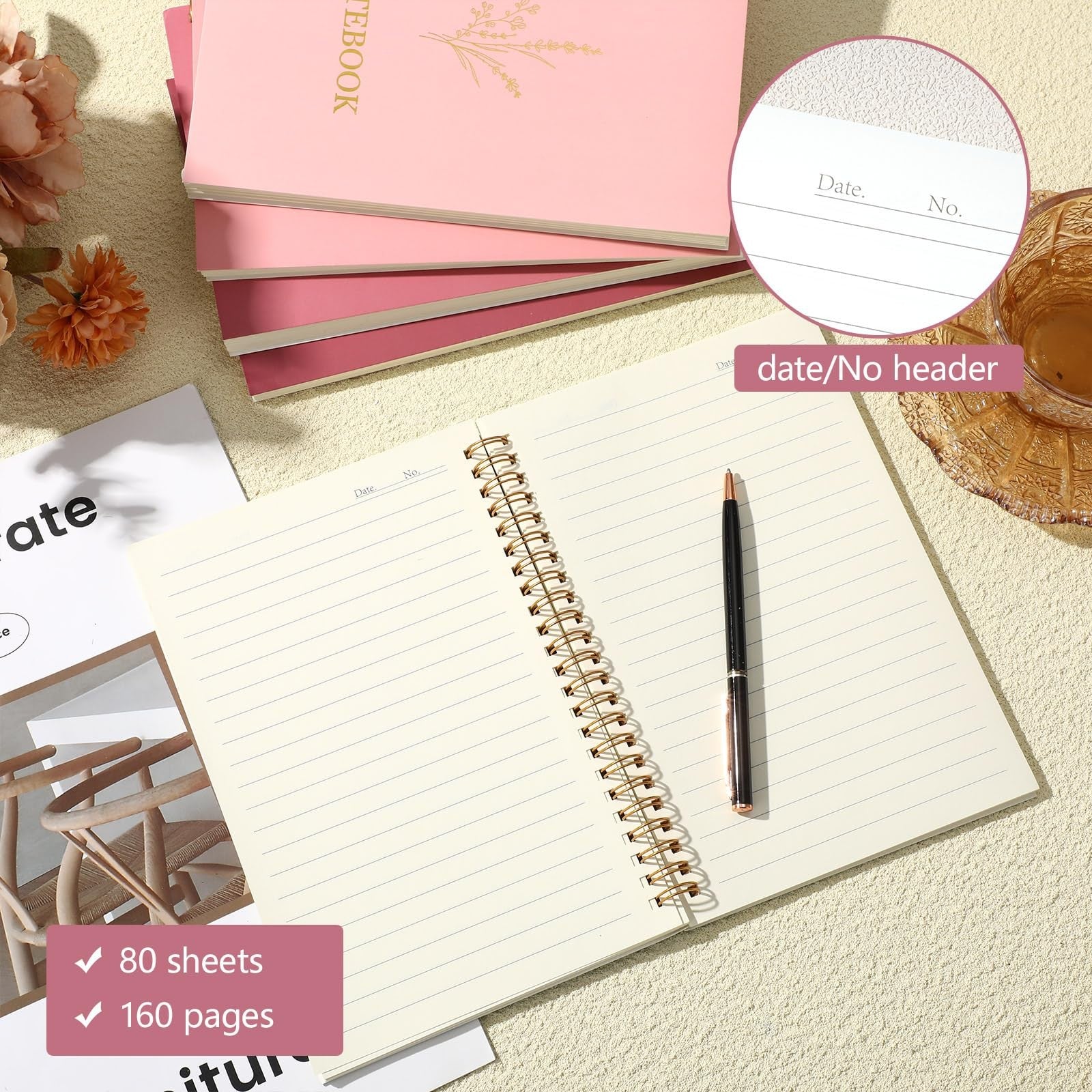 Gueevin 5-pack A5 spiral notebooks with wide ruled pages, featuring aesthetic school supplies and 160 pages each.