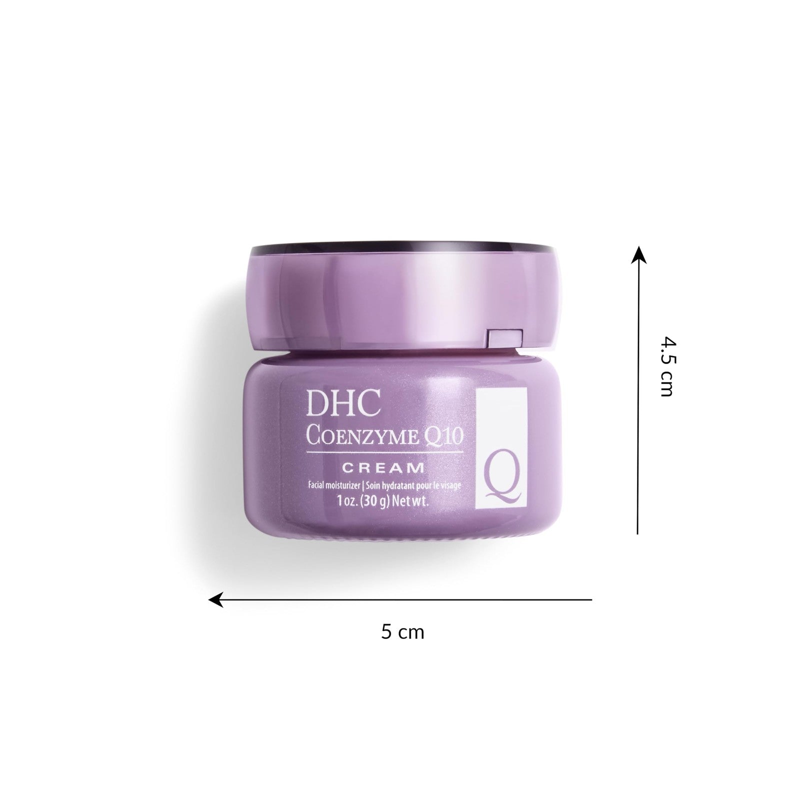DHC Q10 Cream age-defying moisturizer in 1.7 oz jar, suitable for dry skin, with a smooth, creamy texture