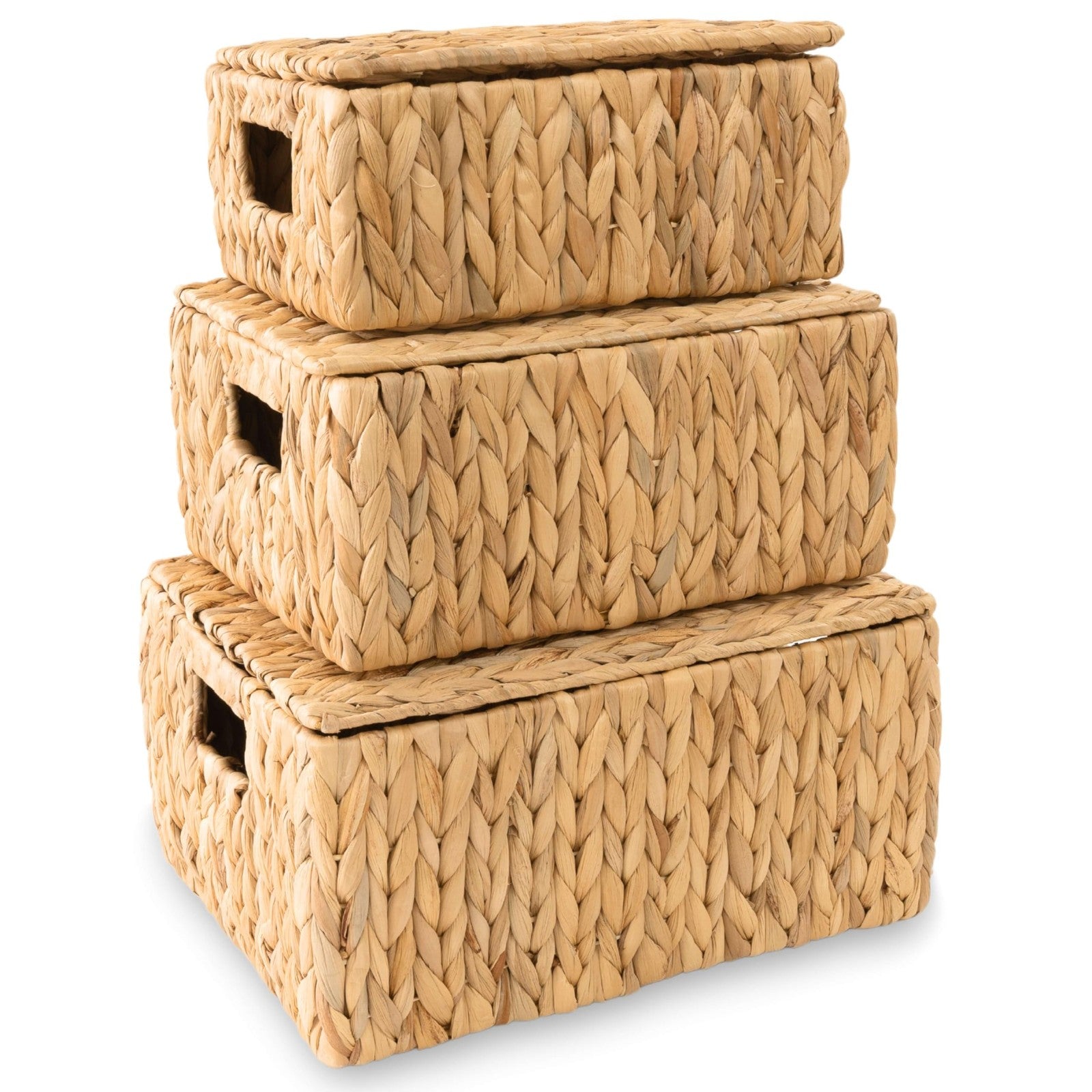 Set of three KOLWOVEN wicker storage baskets with lids, rectangular decorative baskets for organization and storage.