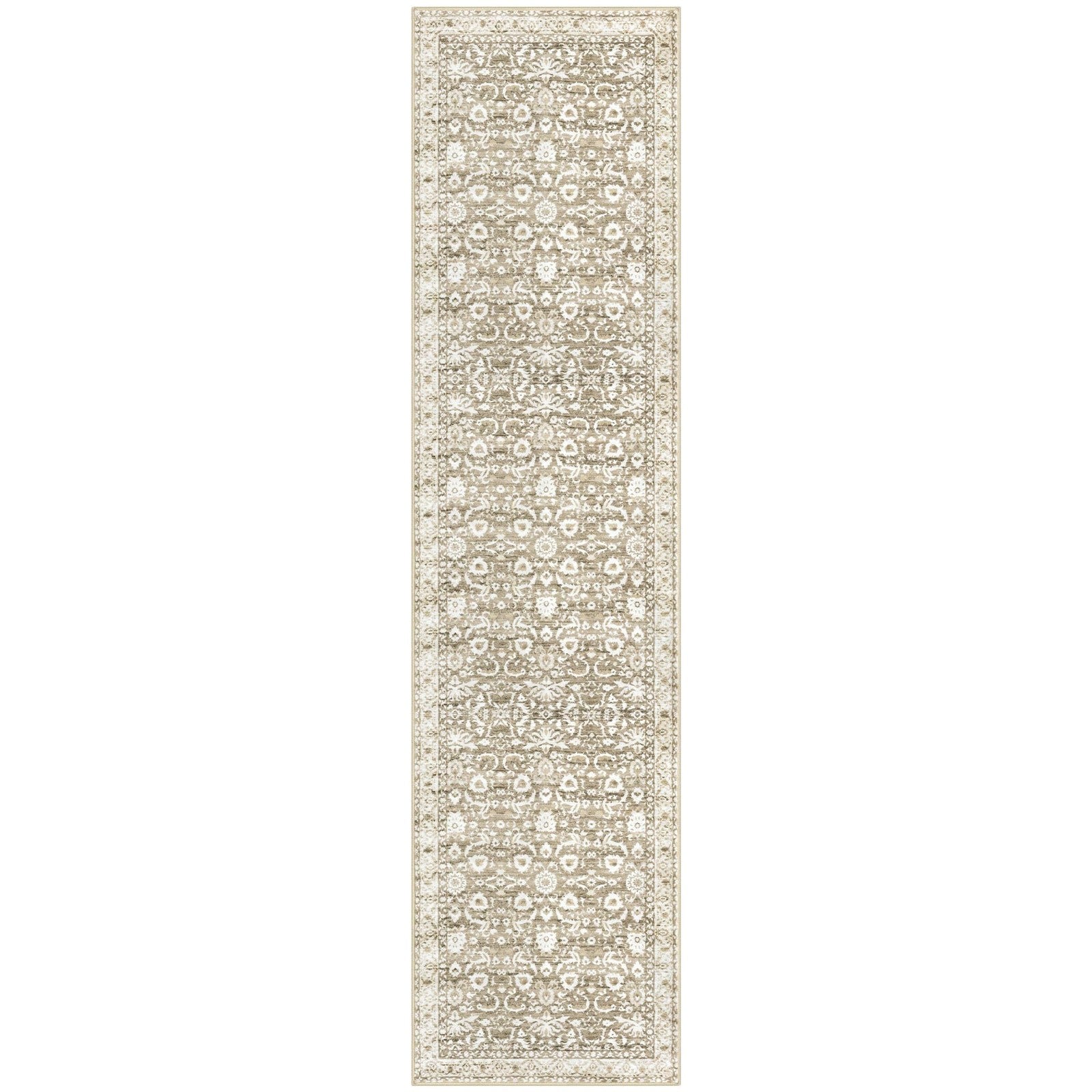 Lansny vintage floral 2x7 beige and white washable kitchen runner rug with non-slip backing, designed for home décor and safety.