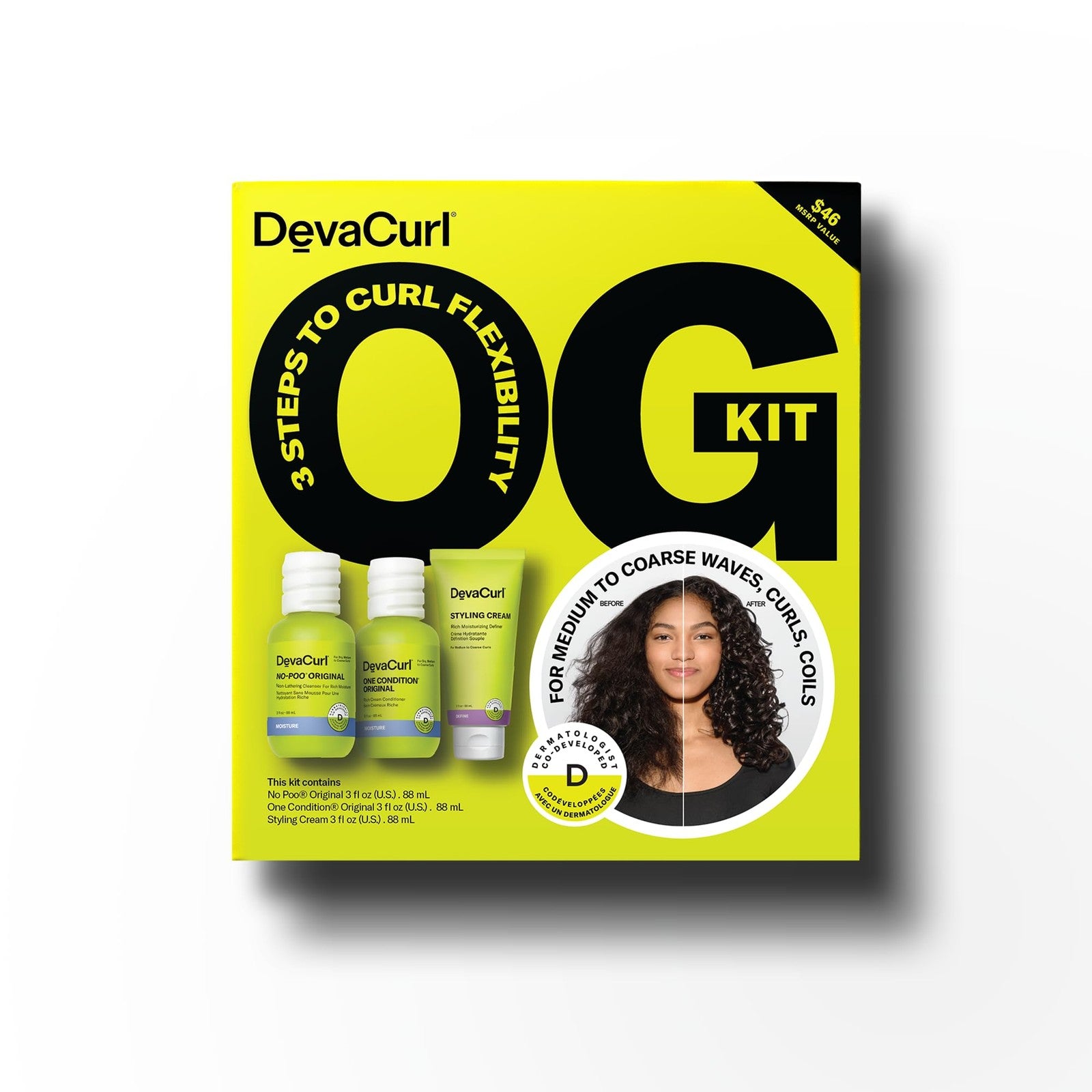 DevaCurl OG Kit for curly hair includes No-Poo shampoo, One Condition conditioner, and styling cream in a professional set