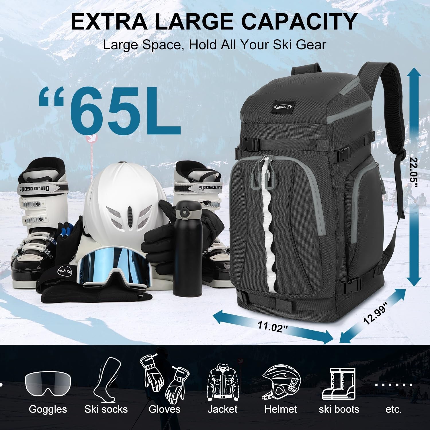 Lunidry 65L waterproof ski and snowboard boot bag with multiple compartments, designed for travel and outdoor winter sports storage.