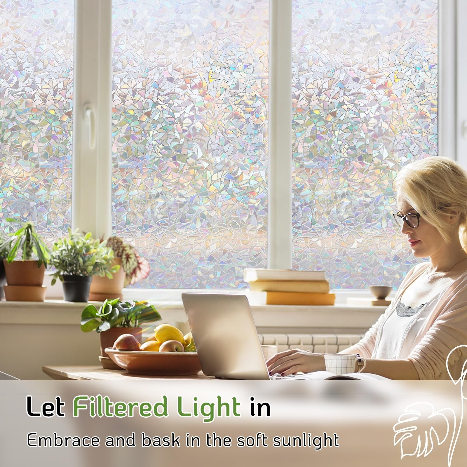 LUTE Lute Window Privacy Film with rainbow 3D stained glass design, decorative stained glass cling for windows.