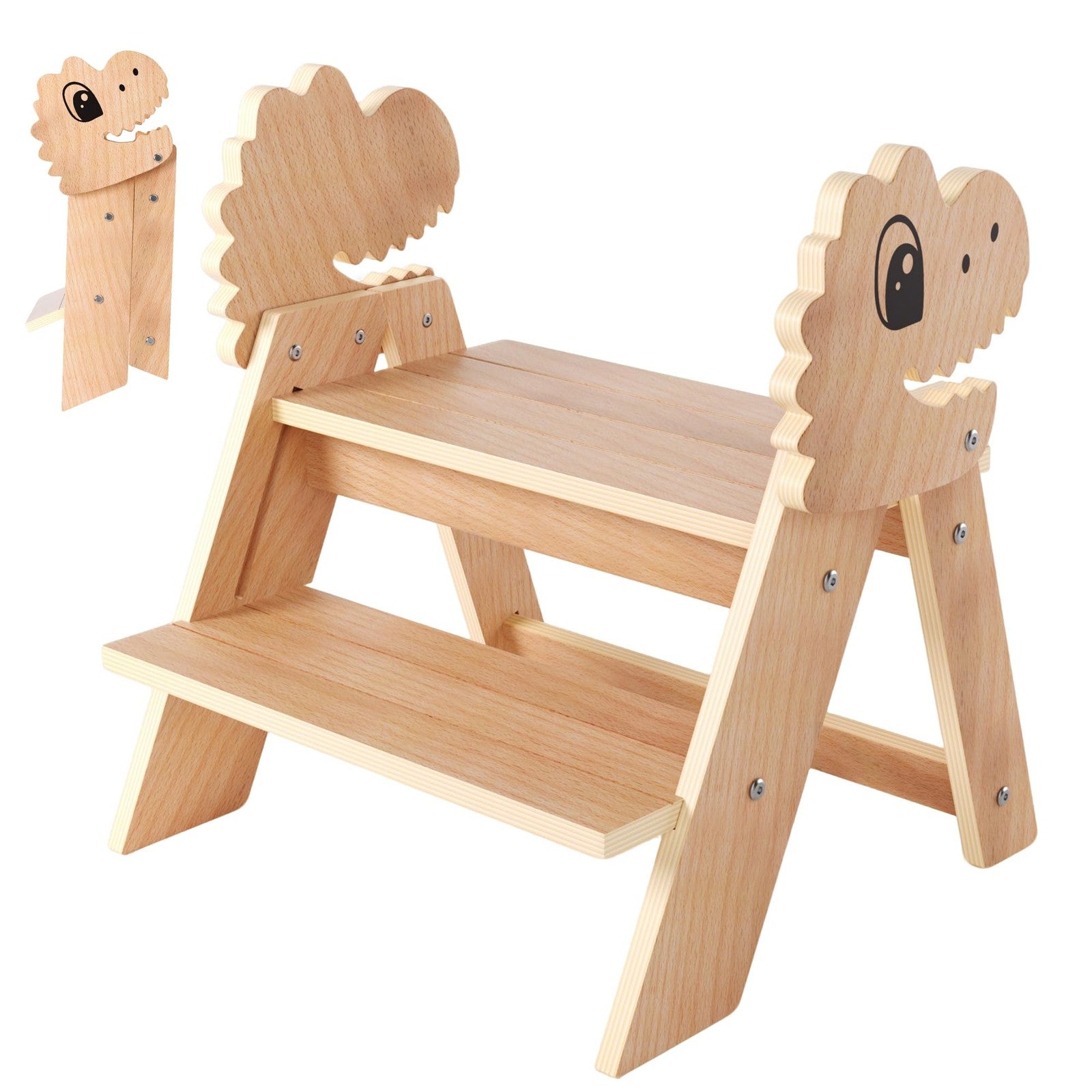 Novarieth Beech Wooden Toddler Step Stool, 2-step foldable kids' stool with natural wood finish and sturdy design.