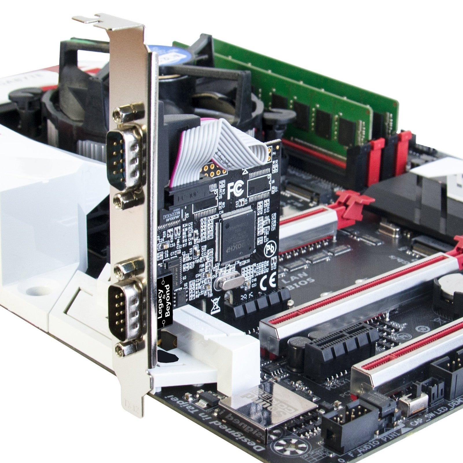 SIIG Legacy and Beyond Series 2 Port Serial PCIe Card with 16C55 chip, showing dual RS-232 serial ports on a computer expansion card.