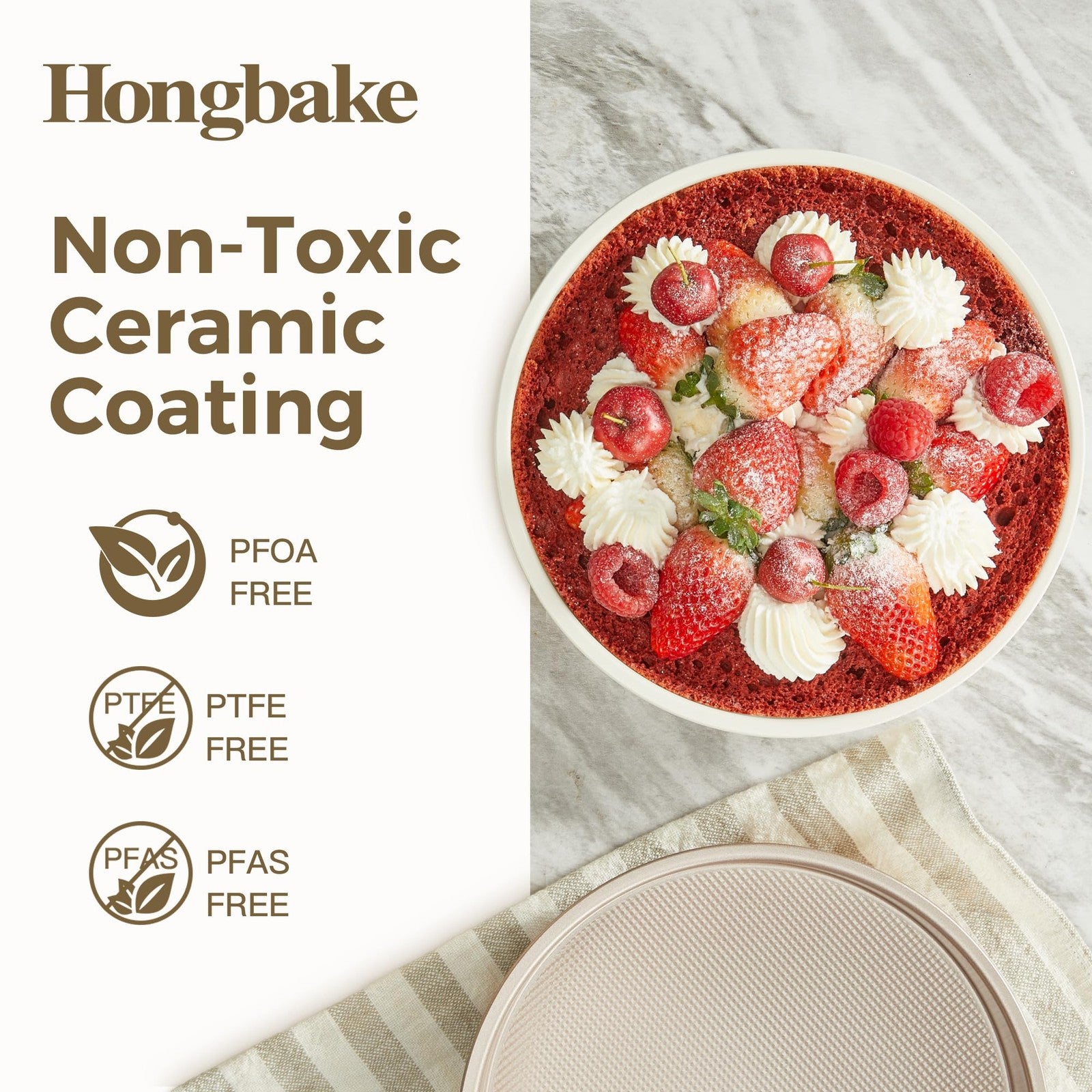 HONGBAKE nonstick ceramic 9-inch round cake pans set of 2 with heavy-duty aluminized construction, smooth nonstick interior, and metal rims