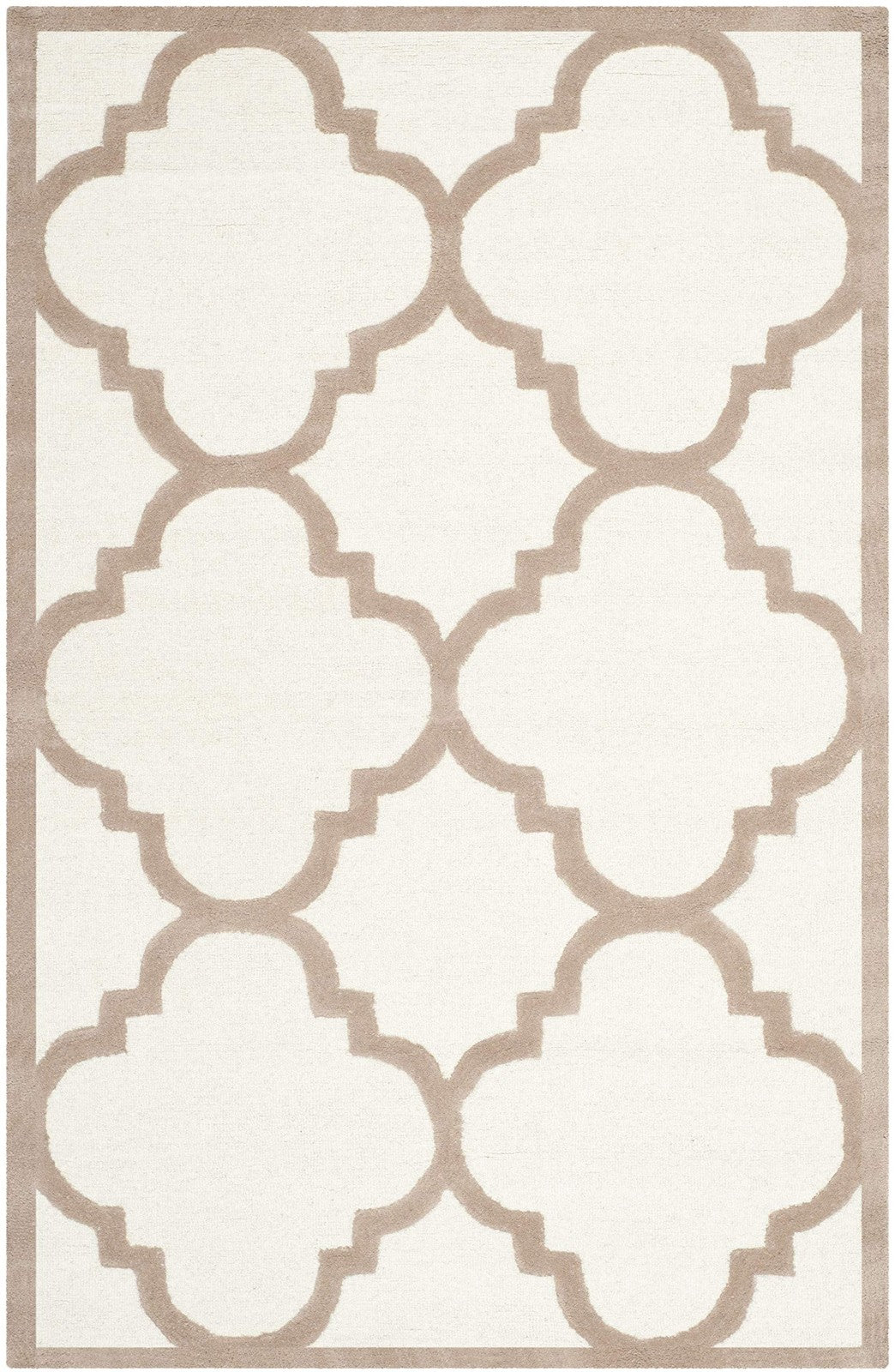 Safavieh Cambridge Collection 5x8 handmade Moroccan rug in ivory and beige with intricate geometric patterns.