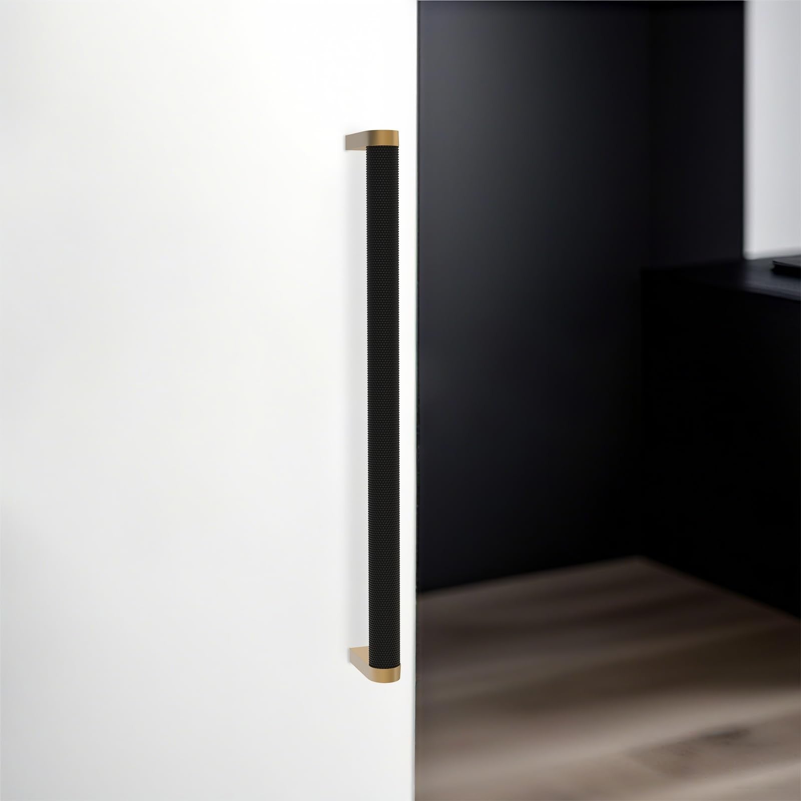 KOMOTIA 6-pack matte black and champagne bronze knurled cabinet pulls with 10-inch hole centers for kitchen or bathroom cabinetry.
