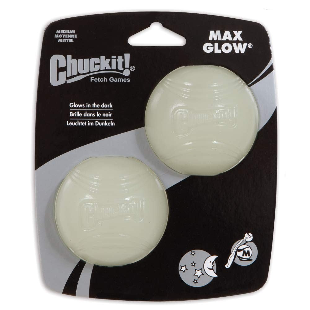 Chuckit! Ultra Ball dog toy pack with 8 glow-in-the-dark rubber balls, designed for active dogs and outdoor play.